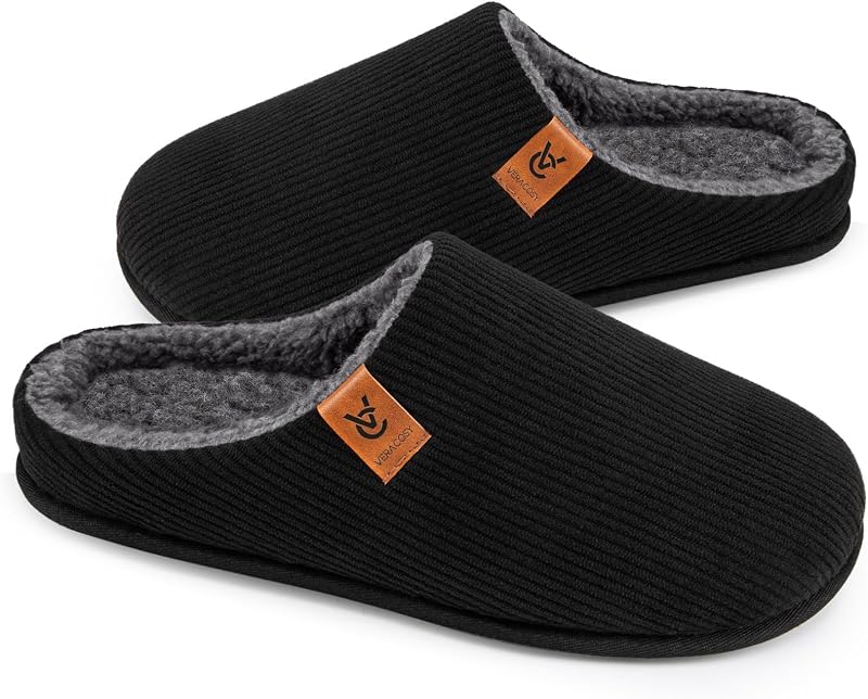 VeraCosy Pantuflas sin cordones acogedoras para hombre Zapatos de casa de espuma viscoelástica de pana | De apoyo,Antideslizante,Interior,Exterior,Regalos,Transpirable,Ligero,Lavable a máquina