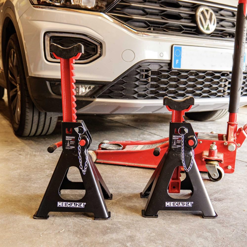 MECA24 Jeu de 2 chandelles Hautes 3 tonnes - Chandelles Voiture Utilitaire - Système à crémaillère - Ht 319 à 482mm Max - Poignée Acier