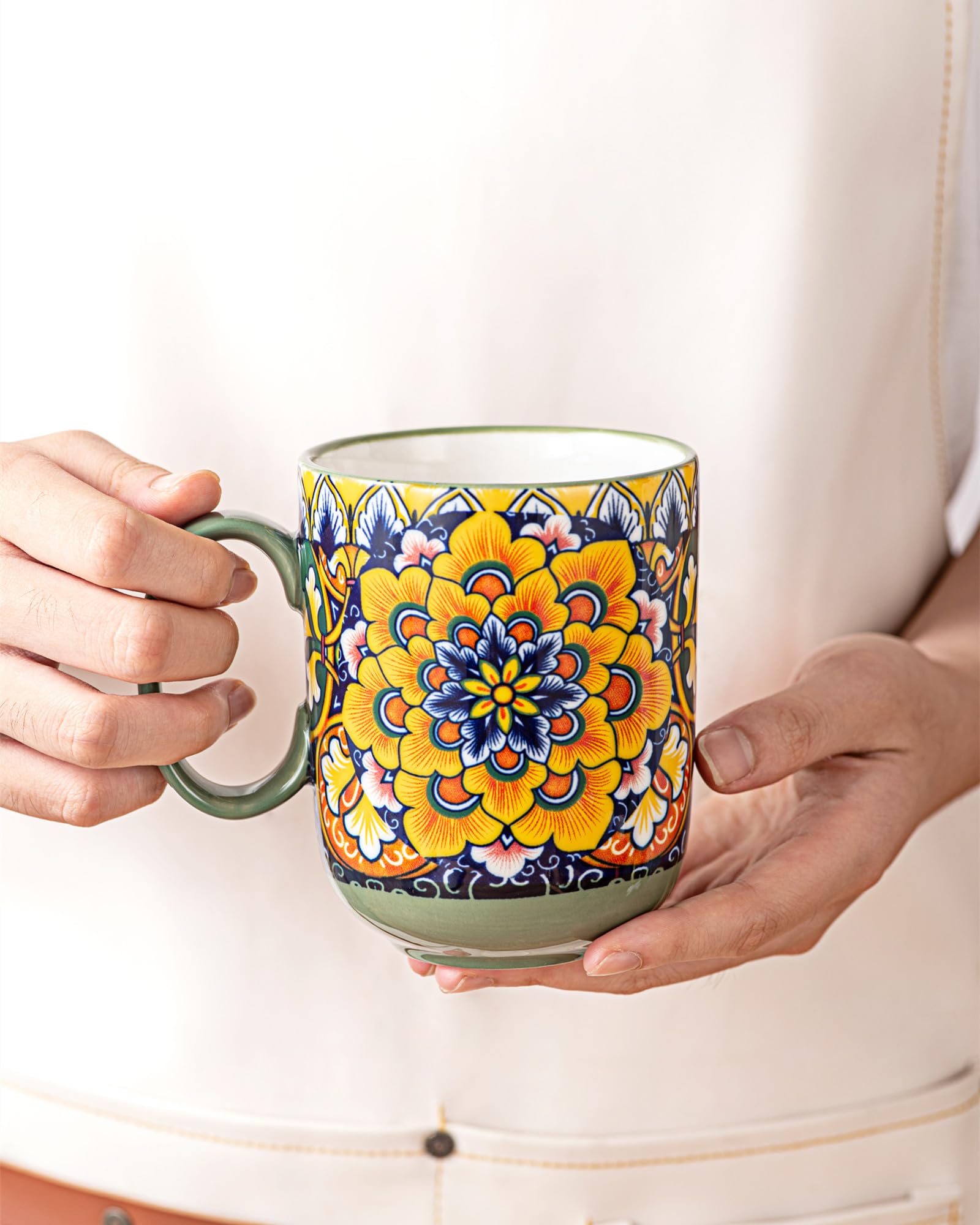 Henten Home Lot de 6 Grandes Tasses à Café en Porcelaine, 400ml Mugs avec Anse pour Thé, Café, Lait, Cappuccino, Résistant au Lave-vaisselle et Micro-ondes