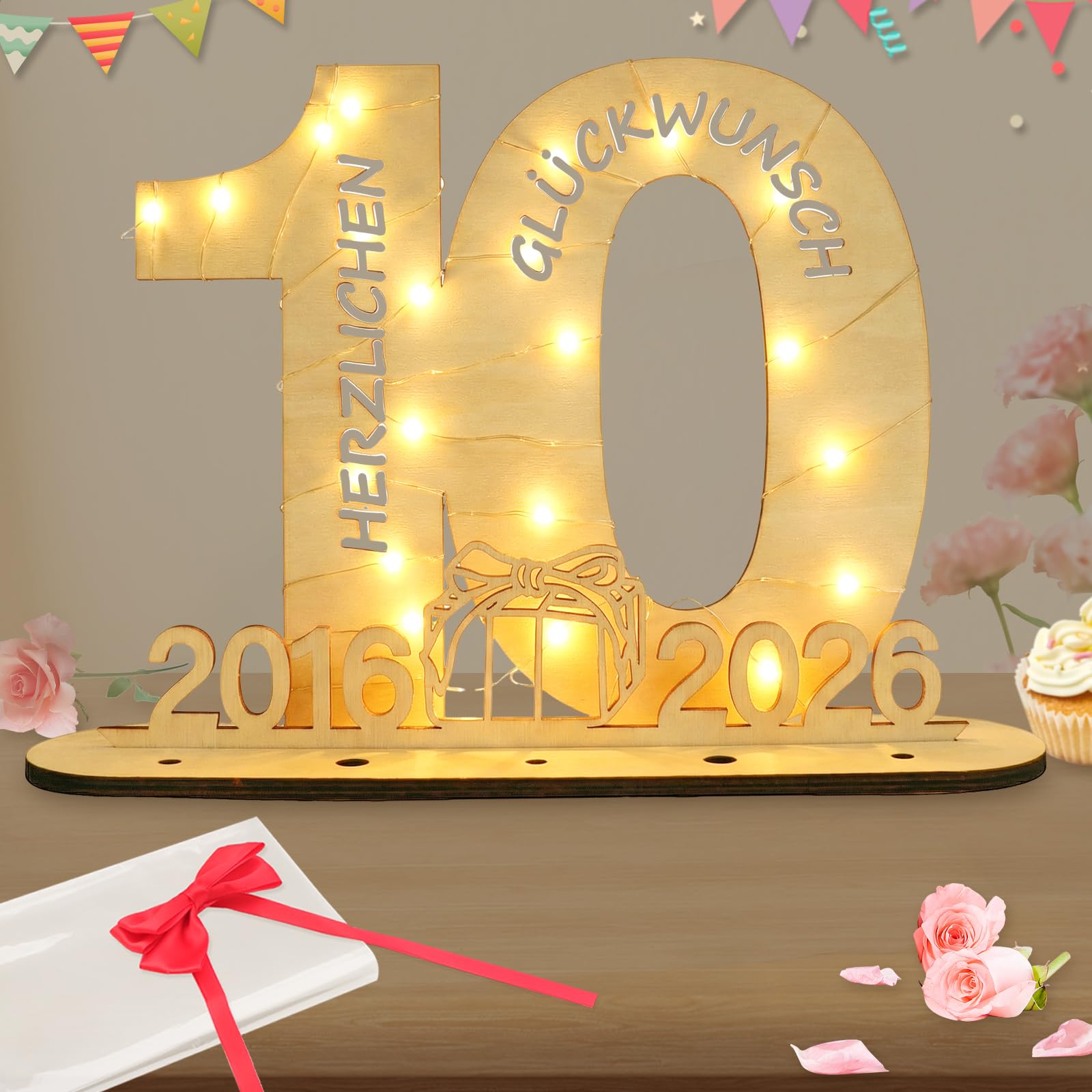 Seutgjie Deko 10. Geburtstag Mädchen Junge 2016-2026, 10 Jahre Jubiläum Rosenhochzeit Holz Schild Gästebuch, Geldgeschenke Geburtstag 10 mit LED Lichterkette Geschenkpapier
