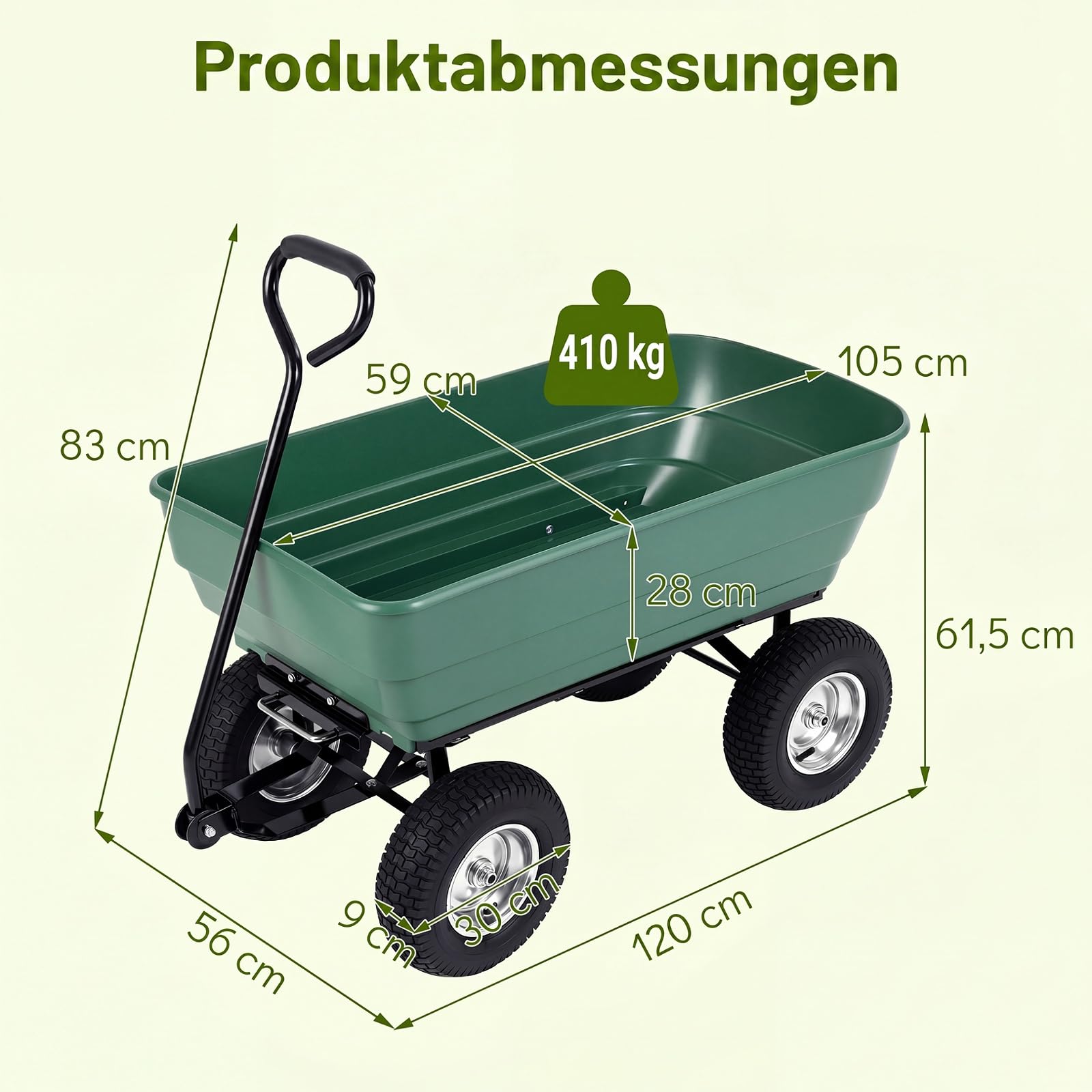 COSTWAY Bollerwagen, 400 kg | 125 L | Kippfunktion, Gartenwagen mit verstellbarem Griff & Luftreifen, Transportwagen Metall, Kippwagen Sackkarre, für Garten, Hof, Camping, 120x56x61,5 cm, Schwarz