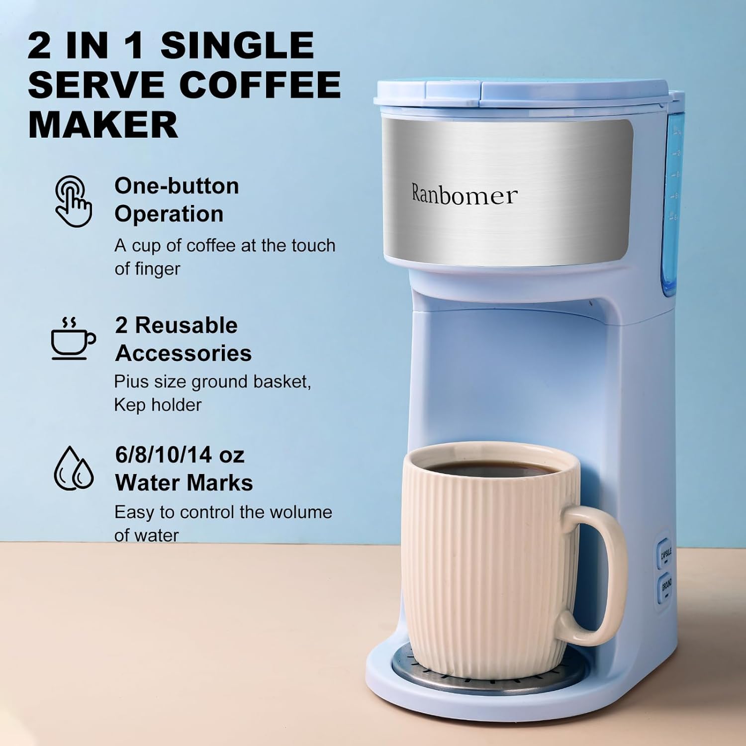 Ranbomer 2-in-1 Single Serve Coffee Maker with a coffee mug and water marks visible.