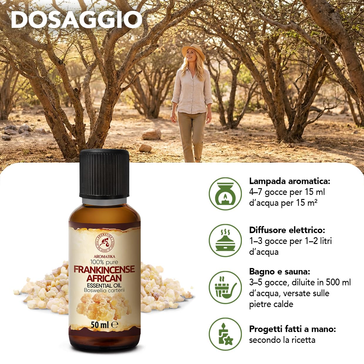 Olio Essenziale di Incenso Africano 50 ml – per Diffusori e Aromaterapia | Per aromaterapia, diffusori e lampade; saponi e candele; profumo per la casa; aroma caldo speziato; profumo d’ambiente