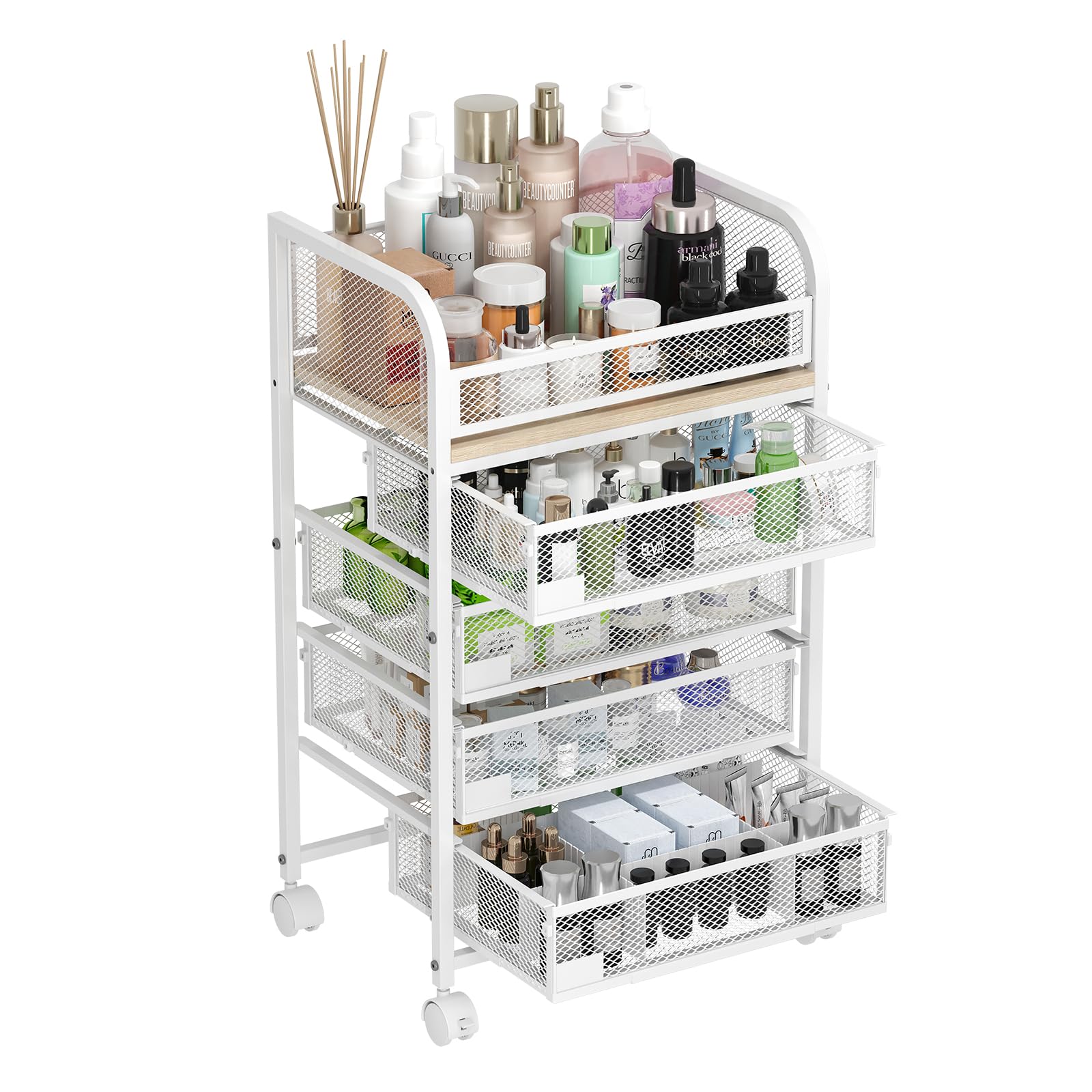 MODCART Makeup Organizer with 4 Drawers, Skincare Storage, Floor Skincare Organizers with Wheels Nameplates,Vanity Cosmetic Holder for Perfume, Nail Polish, Brushes, White