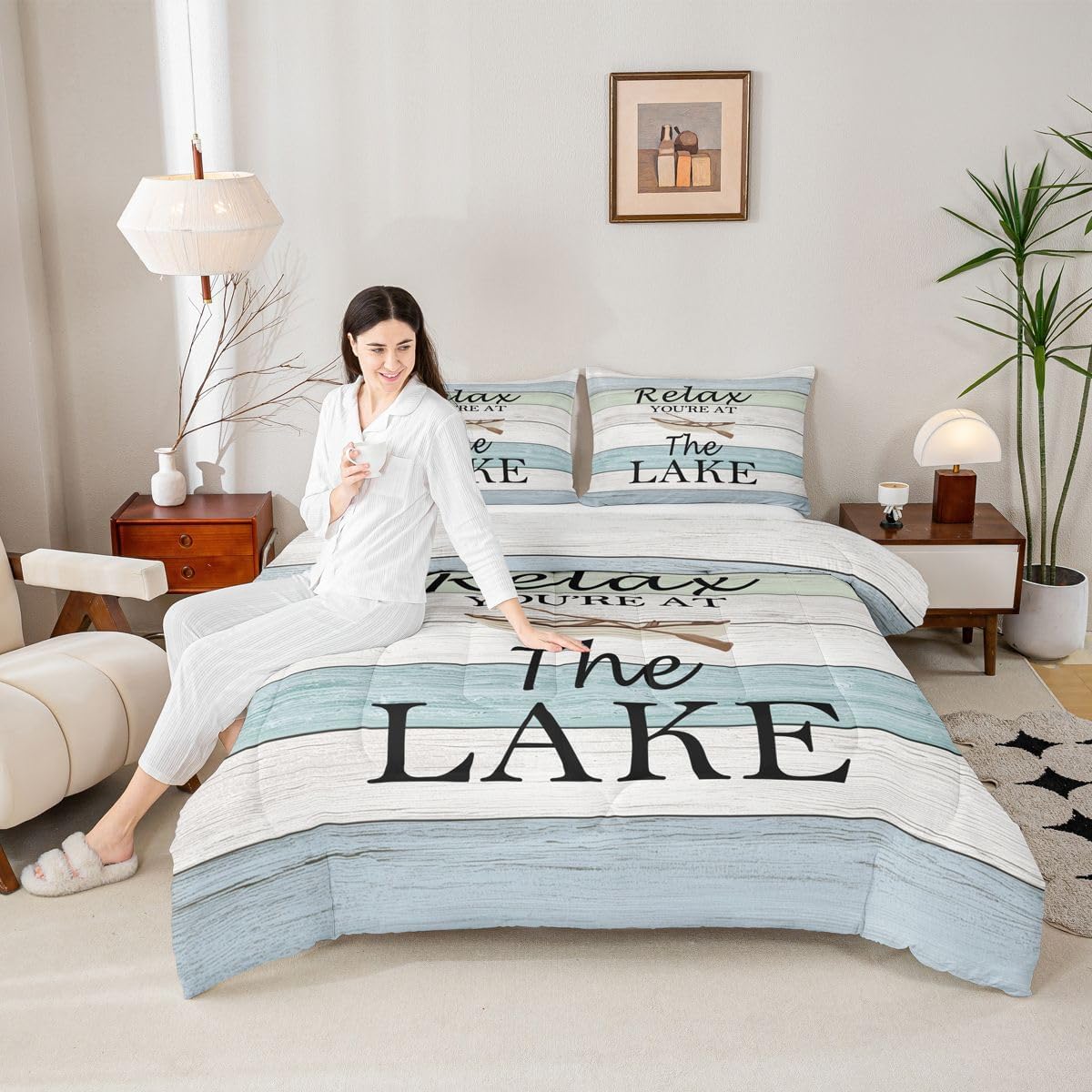 Erosebridal Lake Quilt The Lake House Decor for The Home,Rustic Farmhouse Cabin Lodge Watercolor Wooden Plank Comforter Set King Lake Life Decor for Women,Lake Paddle Boat Bedding Set Lake Decor