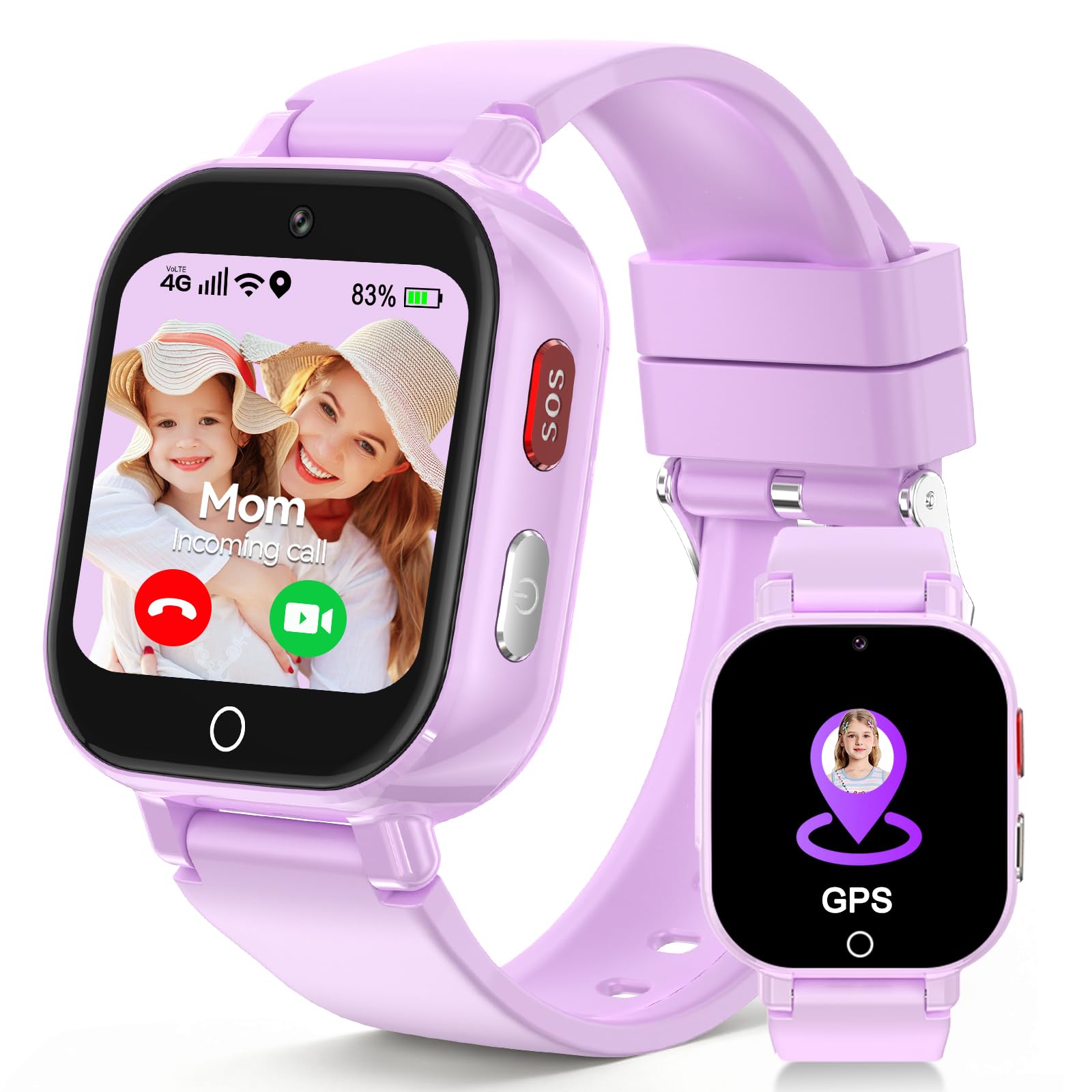 Smartwatch Kinder GPS, Kinderuhr mit Telefon SOS IP68 Wasserdicht Violett