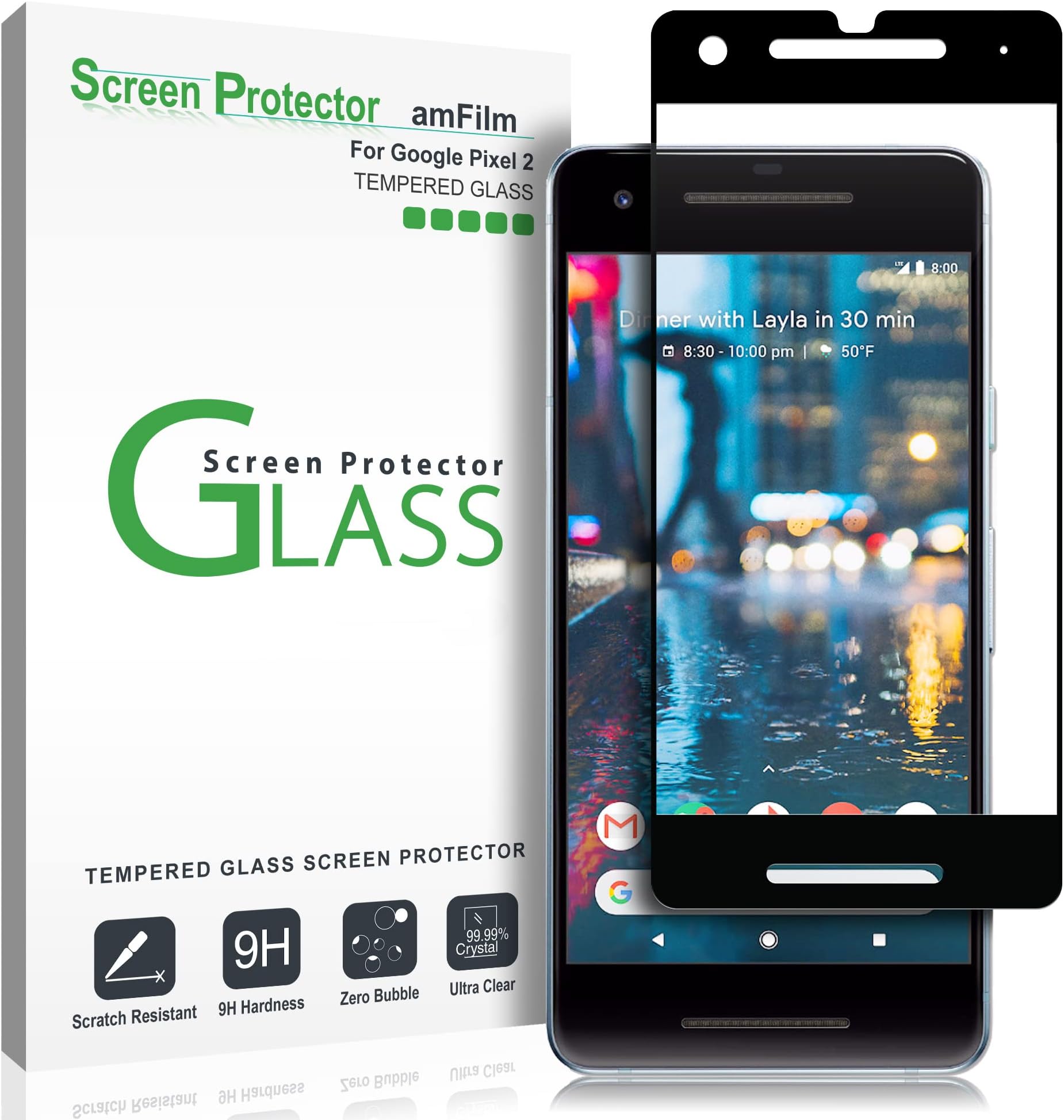 Google Pixel 2 Screen Protector Glass, amFilm Full Cover Tempered Glass Screen Protector with Dot Matrix for Google Pixel 2 (Black)