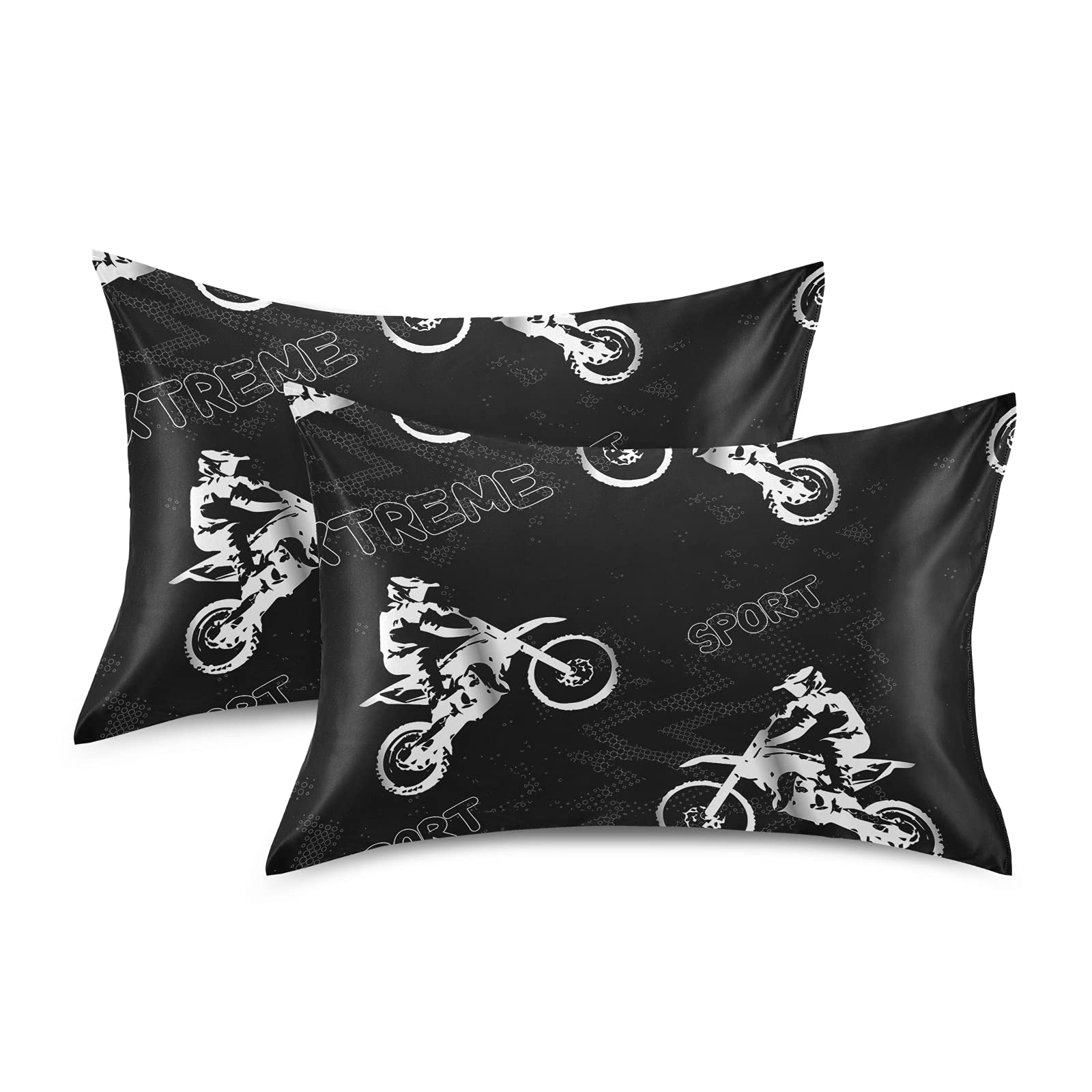 Retro Man on Motorcycle Boys with Motocross Black White Silky Satin Pillowcase for Hair and Skin, Soft Breathable Bed Pillow Cover, Decorative Silk Pillow Cases, Queen Size 20x30 inches