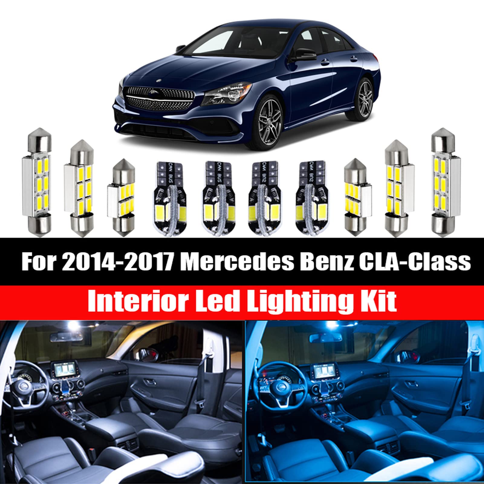 18pcs Blanc Canbus lumière LED Ampoules de Voiture, pour Mercedes Benz Classe CLA 2014-2017 Carte dôme Coffre Plaque d'immatriculation Lampe intérieur Paquet