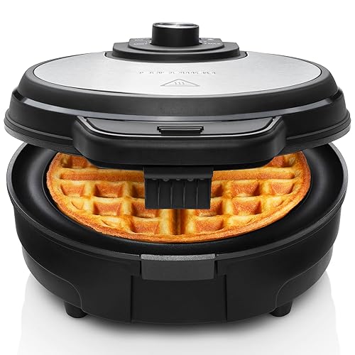 Chefman Anti-Overflow Belgian Waffle Maker w/Shade Selector, Stainless Steel, Temperature Control, Mess Free Moat, Round Nonstick Iron Plate, Cool Touch Handle, Measuring Cup Included - Stainless Steel