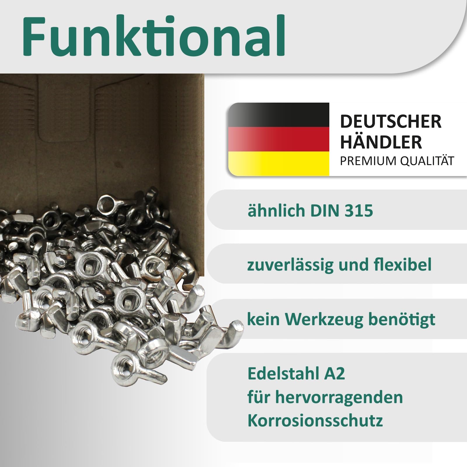 DSM – Flügelmuttern M6 ähnl. DIN 315 – amerikanische Form – Edelstahl A2 – Wing Nut, Schmetterlingsmutter – rostfreie Flügelmutter zur universellen Nutzung – 100 Stück