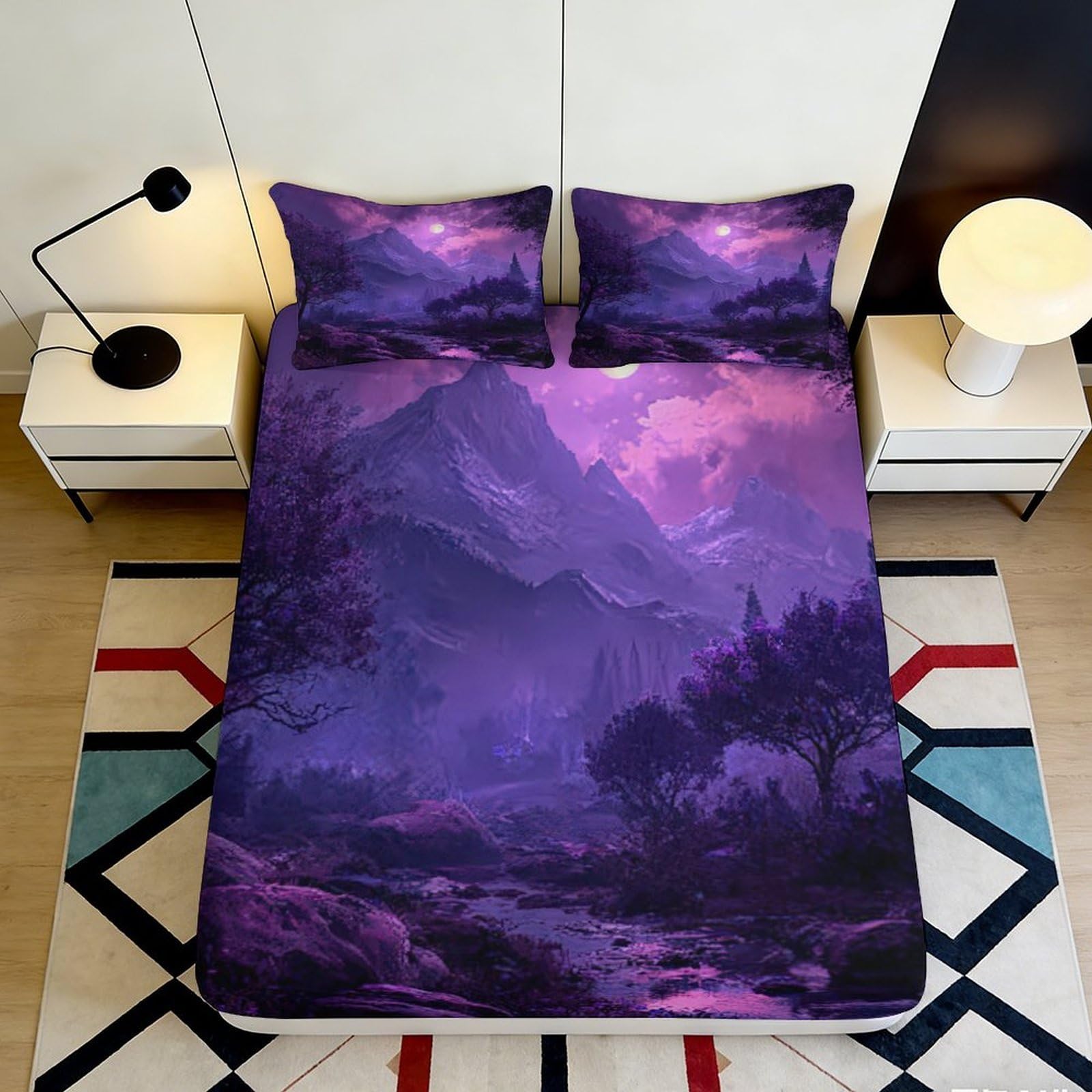 3D Printed Purple Mountain Fitted Sheet Microfiber Soft Breathable Forest Landscape Bed Cover for Bedroom Dorm Decor 90x200x25cm