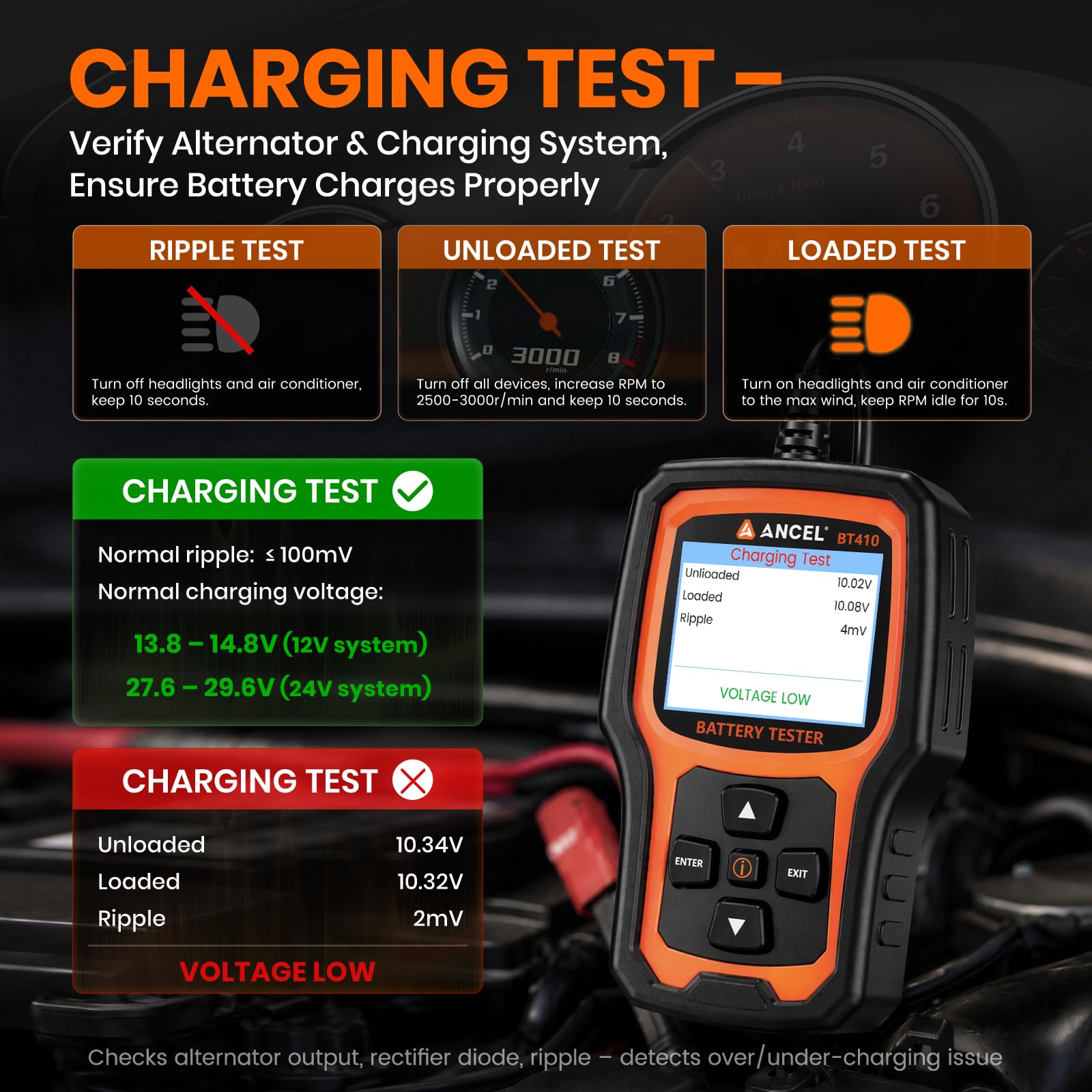 12V 24V Comprobador de Baterías de Coche 100-2000CCA para Plomo y Litio BAT | Probador de Batería de Coche con Prueba de Batería, Arranque, Carga y Alternador para ATV SUV Camión Moto Barco Yate
