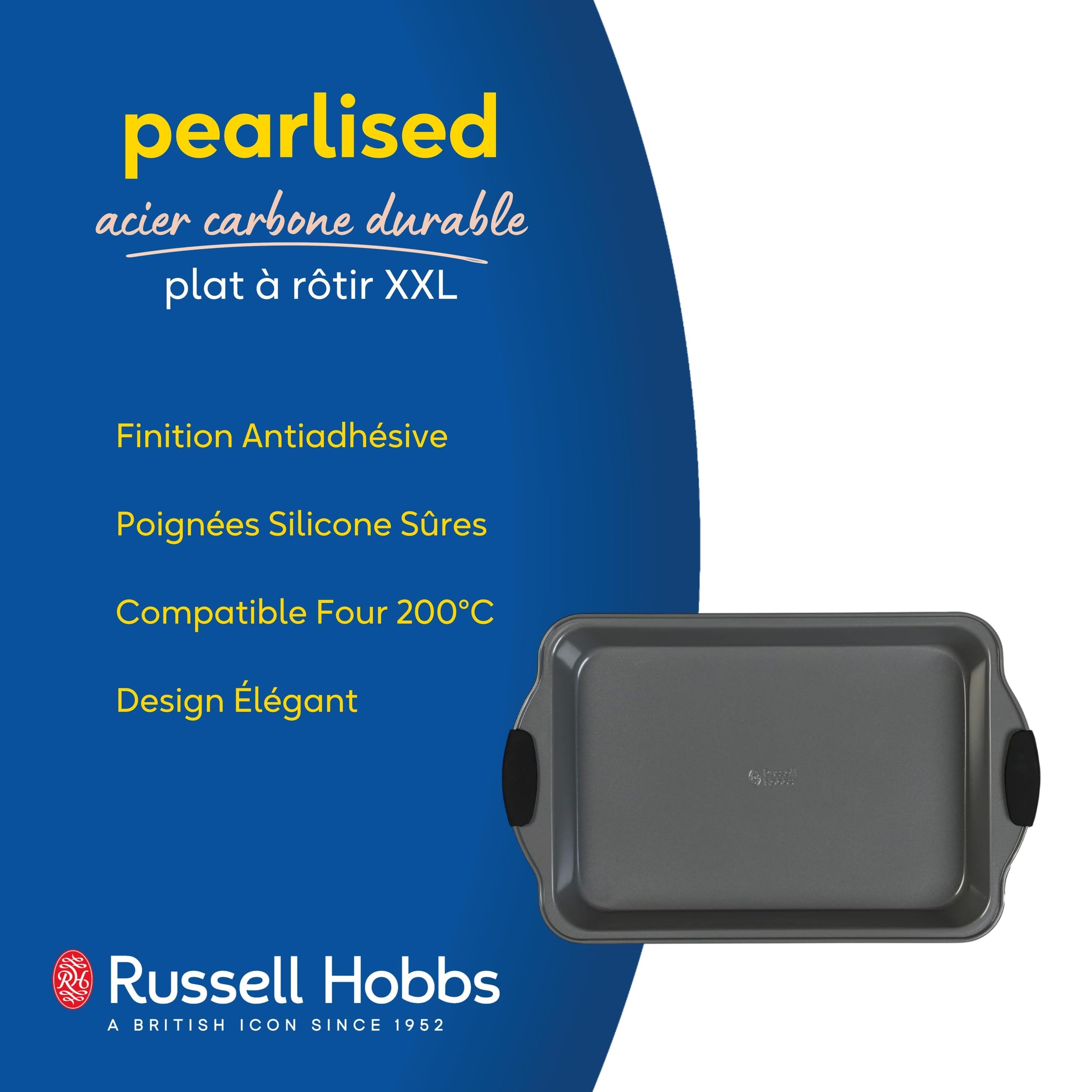 Russell Hobbs Pearlised Plat de Cuisson Rectangulaire 40cm, Plat à Four Avec Poignées Antidérapantes en Silicone, Plat Rôtissoire Anti-Adhésif en Acier Carbone, Sans PFOA, Passe au Four Jusqu'à 200°C