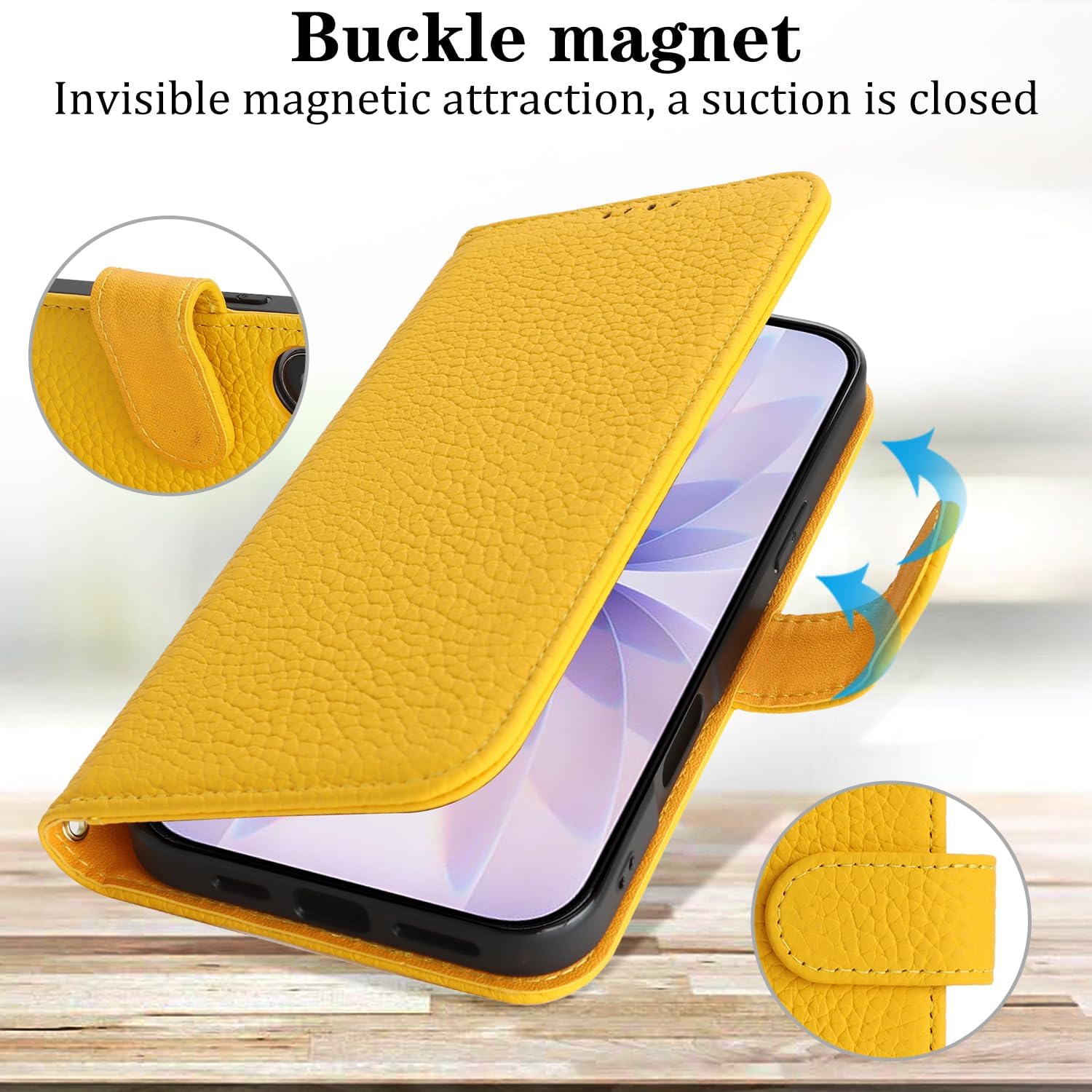 Zouzt Case for iPhone 17 Genuine Leather Wallet Case with 4 Card Slot, RFID Blocking Card Holder Magnetic Flip Folio Kickstand Shockproof Phone Cover Women Men for iPhone 17 - Yellow