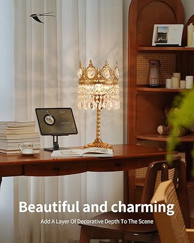 Miniatura 3 de Lámpara de mesita de noche para dormitorio, lámpara de escritorio de cristal en forma de corona, lámpara de mesa de noche dorada Plug & Play con