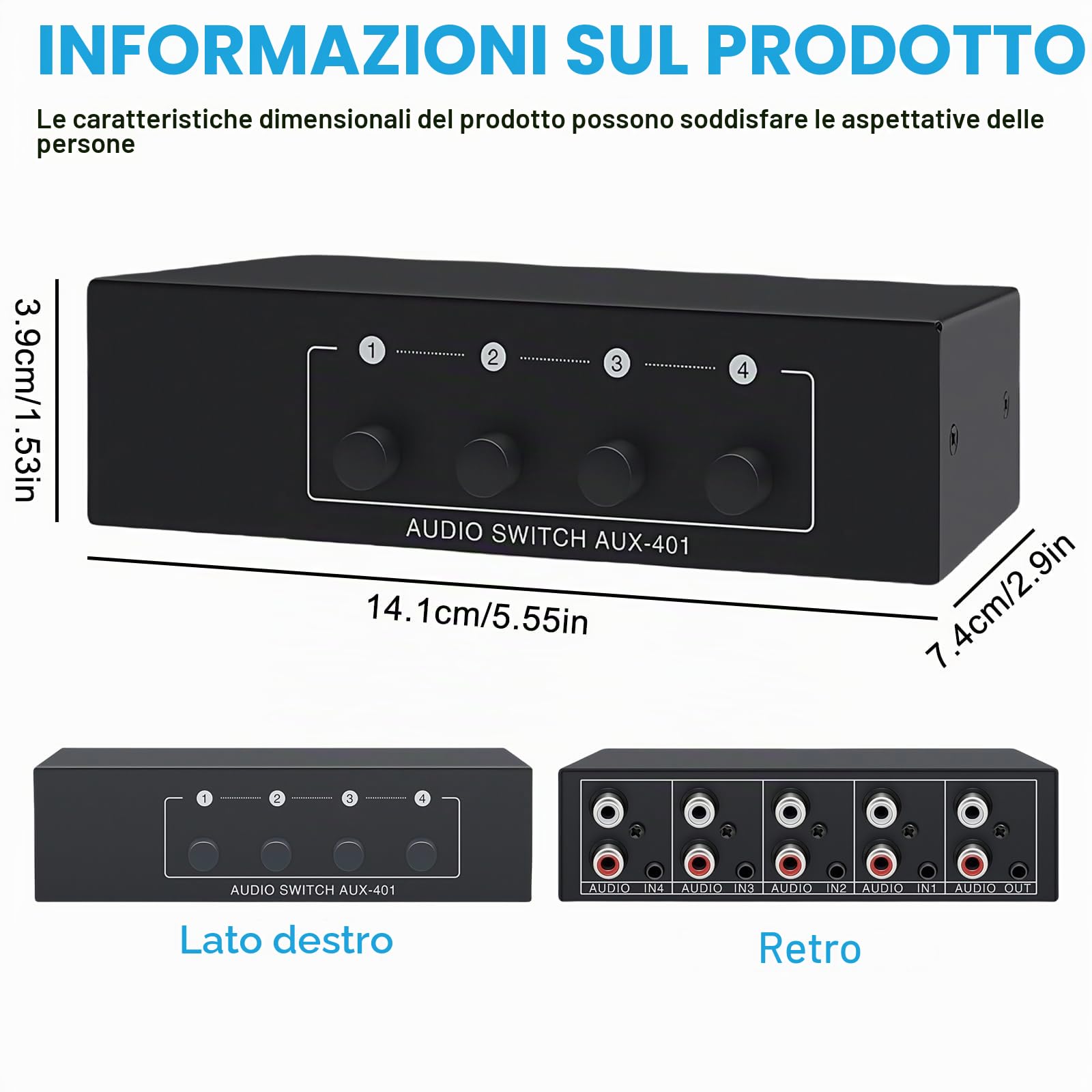 Interruttore audio, interruttore audio AUX, RCA L/R Audio Switch 4 (1)-In-1(4)-Out, interruttore audio RCA, 3,5 mm splitter audio per cuffie, fono, altoparlanti
