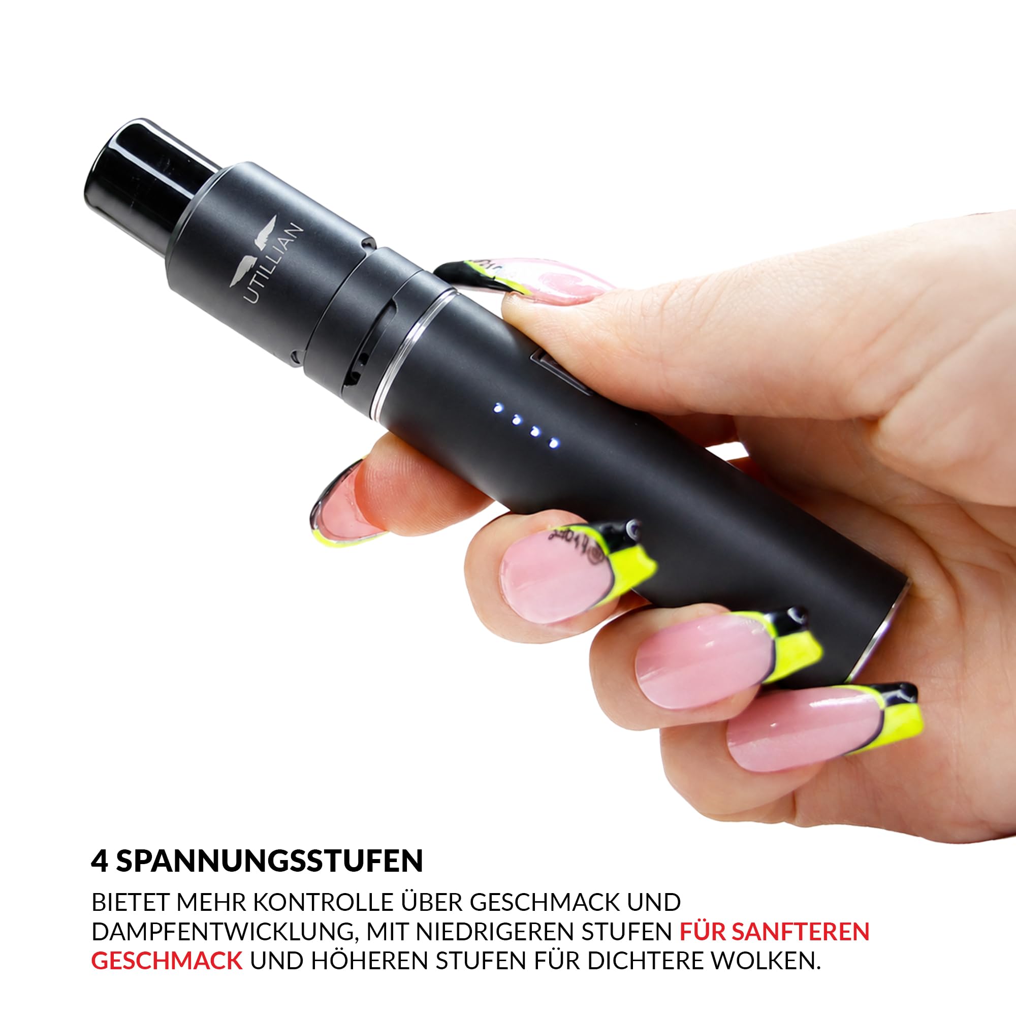 Utillian 5 V4 Wax Pen | Konzentrat Vaporizer mit 2 Spulen | 4 Spannungseinstellungen | Integriertes Dab-Tool | Einstellbarer Luftstrom | 1500-mAh| USB-C Aufladen (Schwarz)