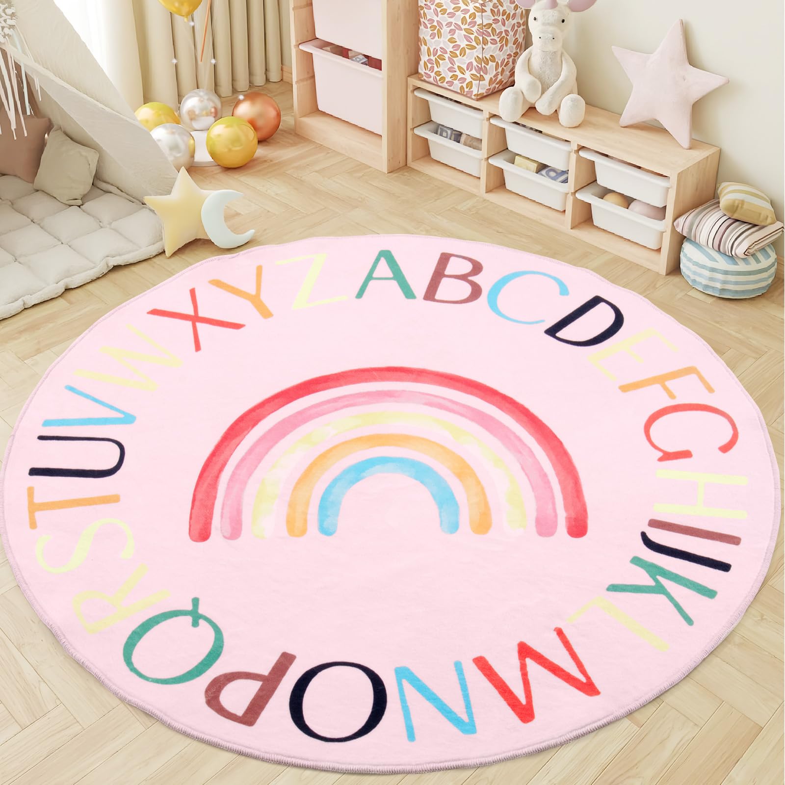Nursery Rug Round Rainbow Classroom Rug Elementary, Non-Slip Rainbow Rug for Girls Room, Extra Large Learning Carpet for Kids Playroom, Circle Play Mat for Toddlers