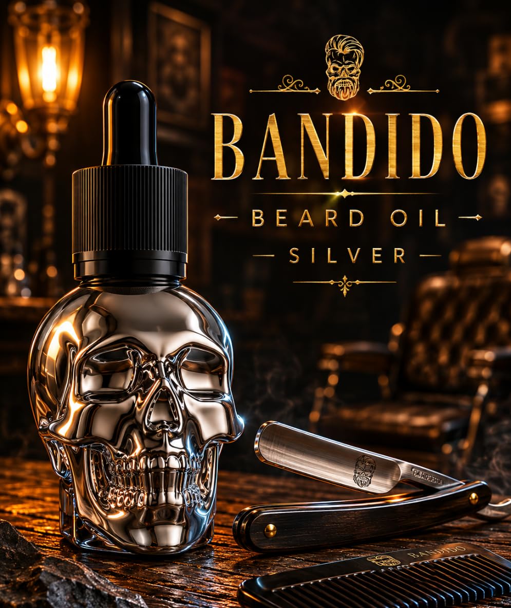 Bandido Aceite para barba para el cuidado diario de la barba de 3 días o barba completa, aceite de barba como regalo para hombres, 40 ml con dispensador de pipeta, diseño de calavera, sérum para