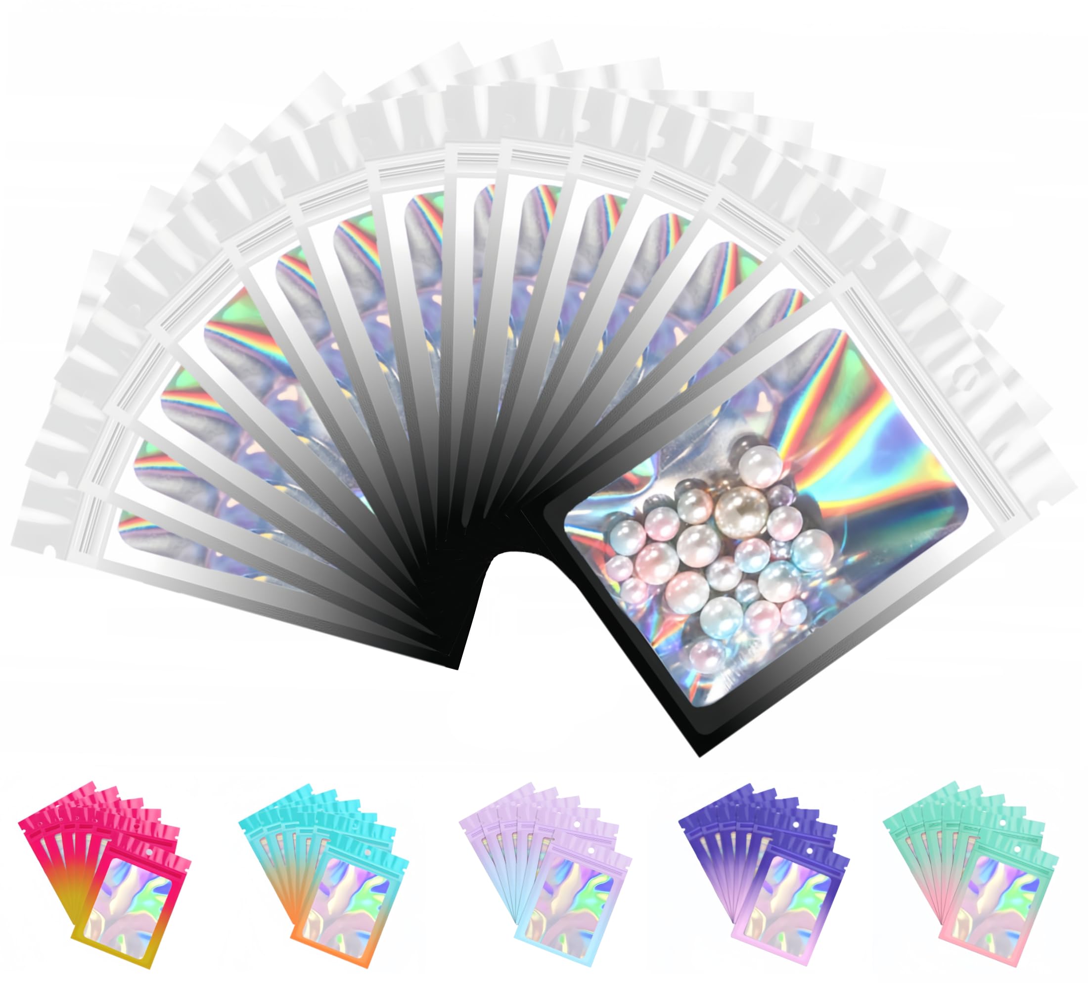 Plaphy 100-Pack Resealable Holographic Mylar Bags with Clear Window, Ziplock Sample Bags, Aluminium Foil-Lined Pouches with Hang Hole for Food Storage & Accessories (Black and White, 3.1 x 5.1 in)