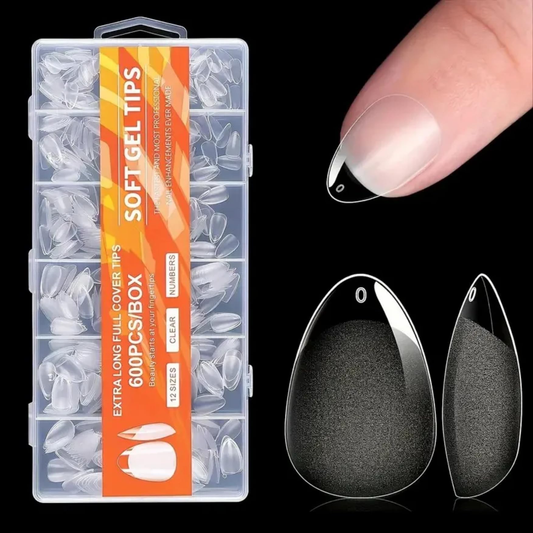 ​Nails Magic Clear Soft Gel Tips, 600 Pcs/Box Half Matte Full Cover Extra Long Almond Fake Nails, 12 Numbered Sizes Break-Resistant Press On Artificial Nails Extension Kit (SHORT ALMOND)-image-48
