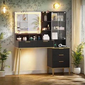 Modern Makeup Vanity Desk With HD Lighted Mirror&Power Outlet,Modern Glass Top Elegant Fluted Vanity Desk With Acrylic Protective Door,5 Drawers and Storage Shelf,Dressing Table for BedroomBlack