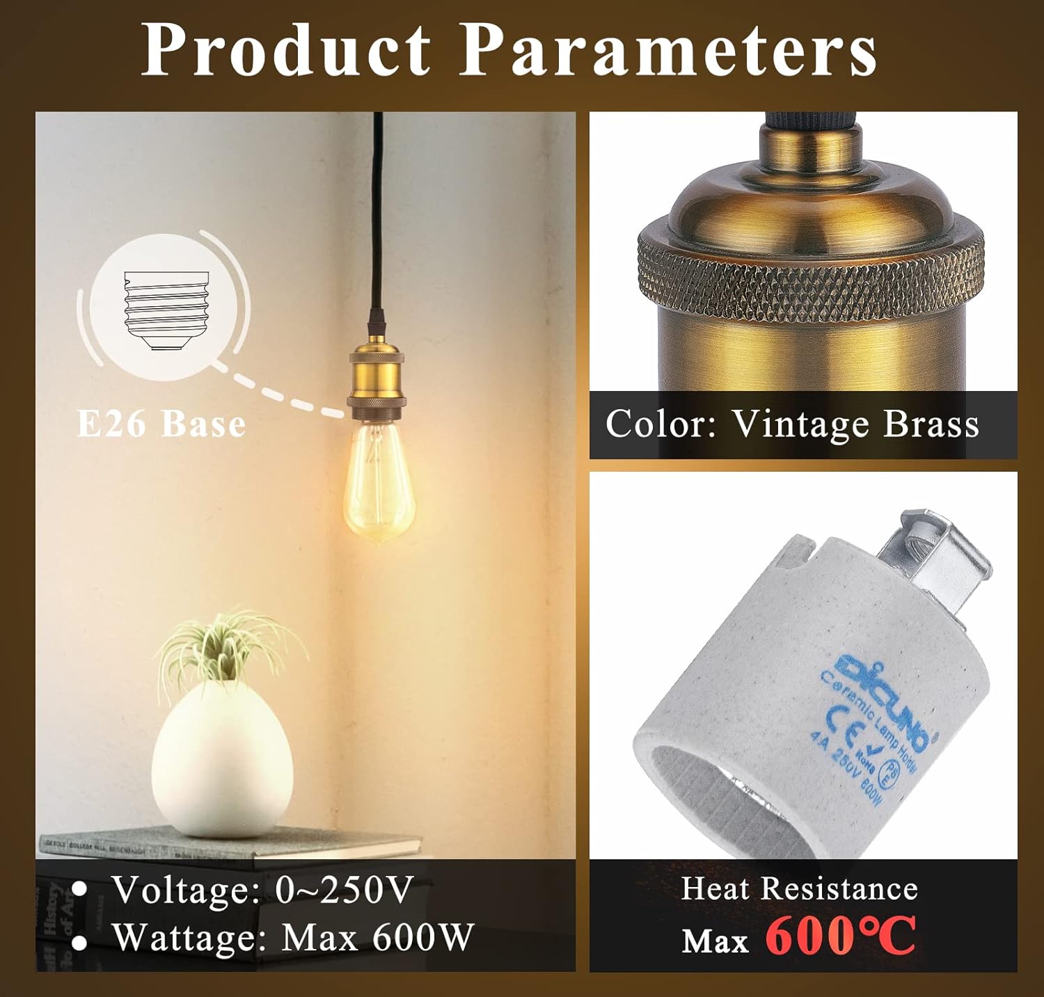 DiCUNO E26 Vintage Lamp Socket, Edison Pendant Light Socket Replacement, Antique Retro Hanging Lamp Holder for Industrial, Decorative, DIY Lighting, 600℃ Heat Resistant, 10 Packs (Vintage Brass Color)