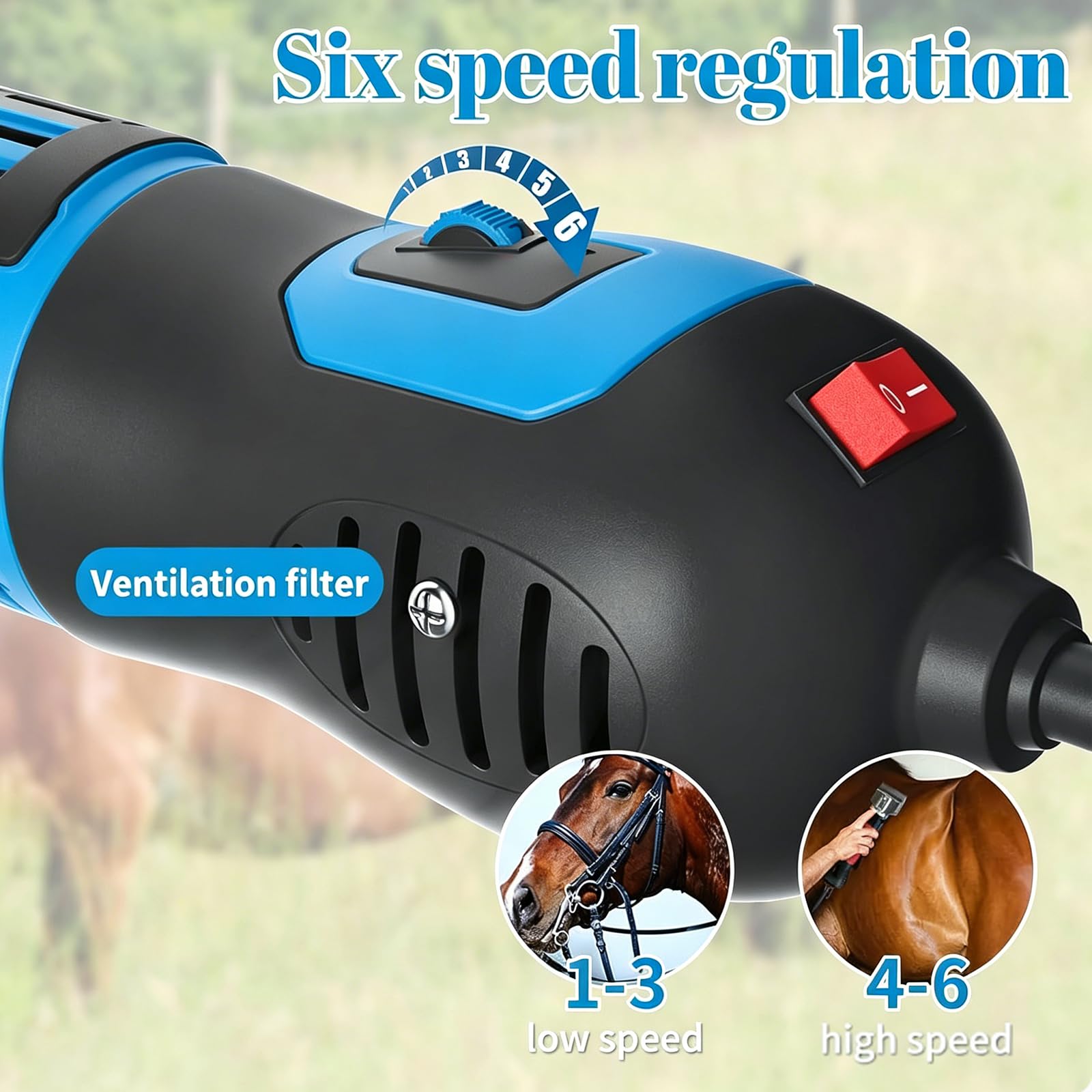 Tosatrici elettriche per cavalli, kit professionale per toelettatura peli animali con 6 velocità regolabili, cesoie per bestiame a basse vibrazioni, trimmer resistente per cavalli, pecore, bovin Blue