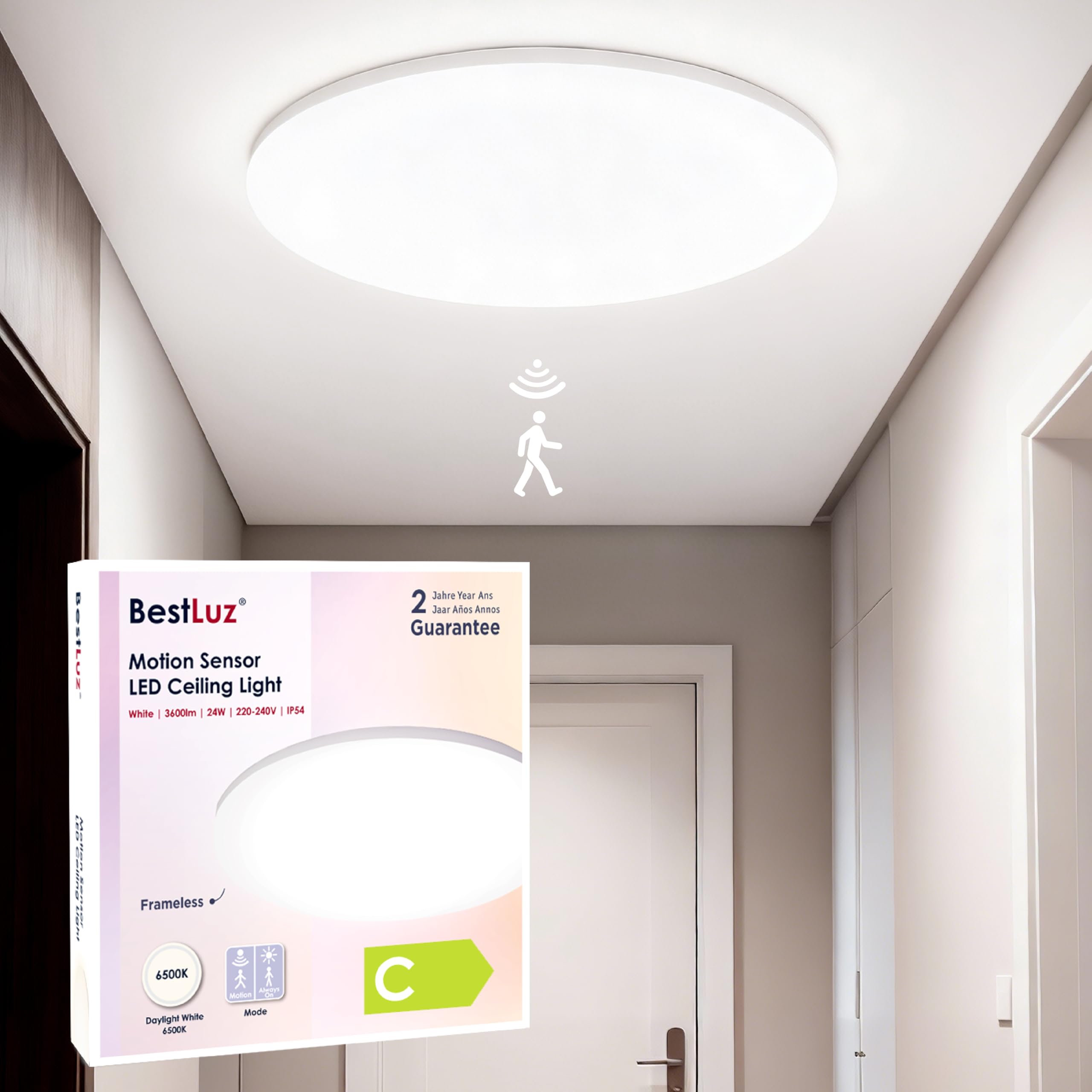 BestLuz LED Deckenlampe mit Bewegungsmelder, 160lm/w 24W 3600lm 6500K IP54 LED Deckenleuchte Mikrowellen Bewegungssensor für Garage Bad Treppe Flur Balkon, Φ29cm