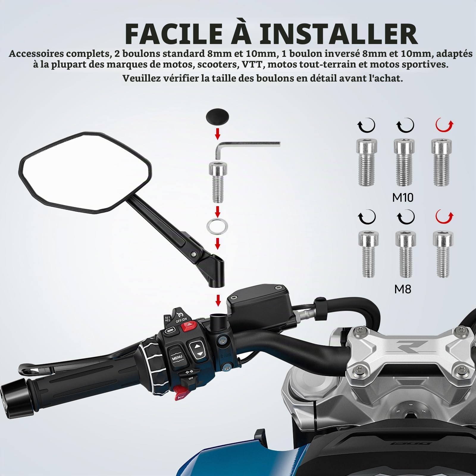 DREAMIZER Rétroviseurs latéraux moto 8mm 10mm, réglables à 360°, Retroviseur Moto Compatibles avec XJ600 MT03 MT07 TMAX Z1000 Z750 CB250F CRF250 XL700 GSR600 VZR18