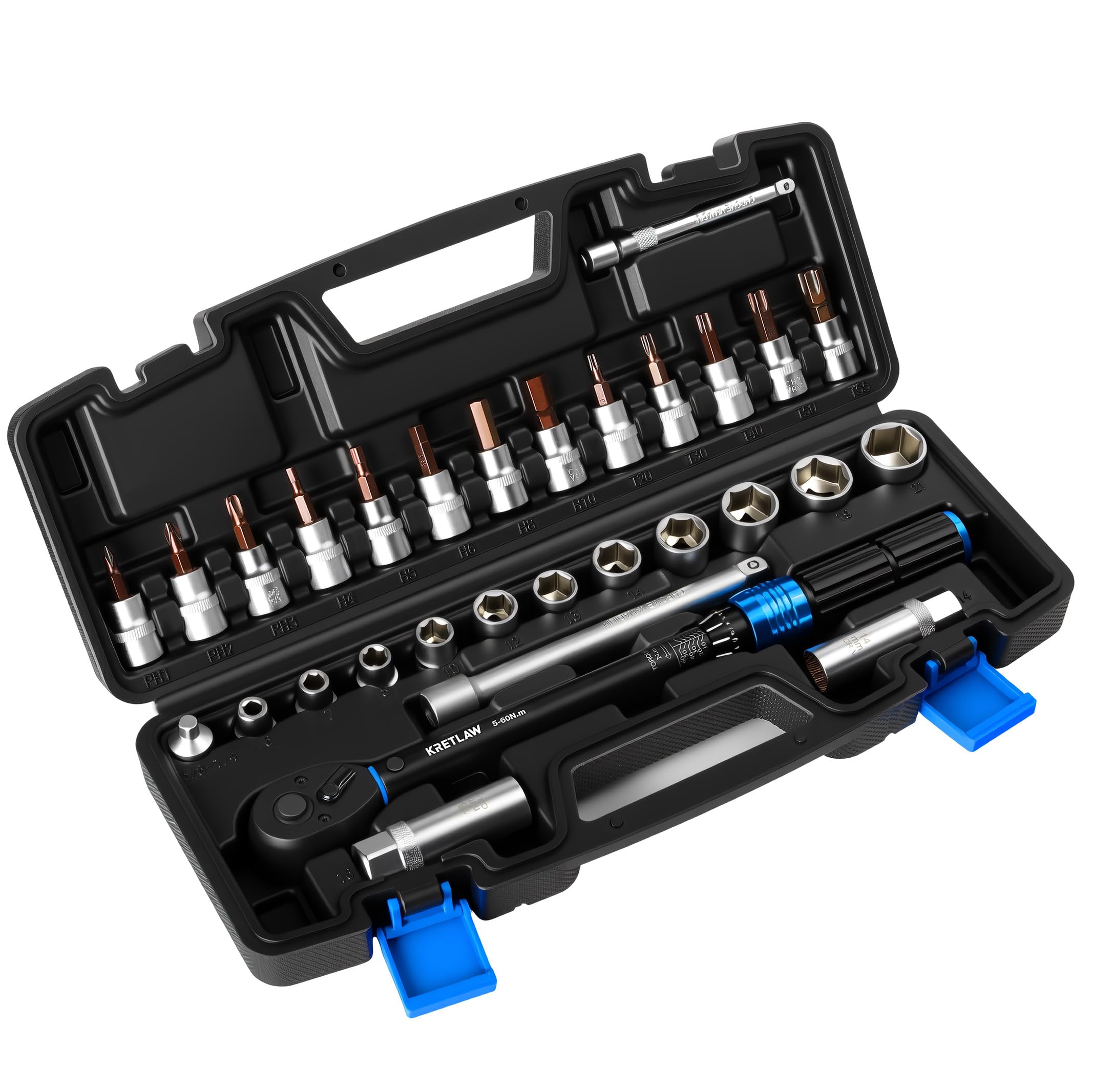 KRETLAW Juego de Llave Dinamométrica de 30 Piezas, Llave de Torque de 3/8" (5-60 Nm), Trinquete de 72 Dientes, Precisión ±3% con Extensiones, Vasos y Adaptador