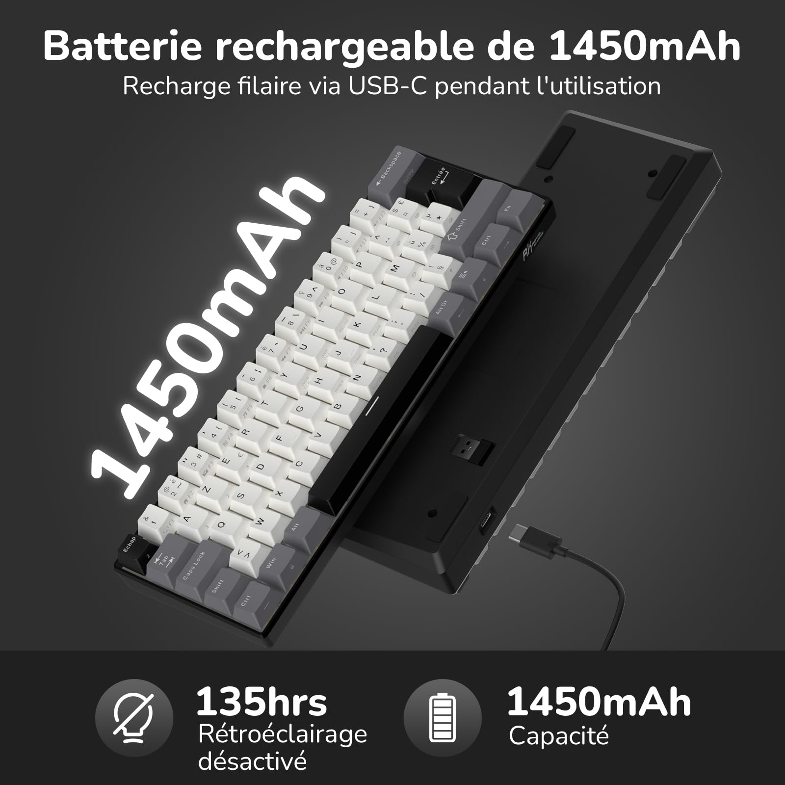 RK ROYAL KLUDGE RK61-FR Clavier de Jeu mécanique sans Fil, Clavier 60% avec Triple Mode BT5.0/2,4 GHz/USB-C, Touches en PBT, Logiciel Pro, Compatible Hot-Swap, Français AZERTY