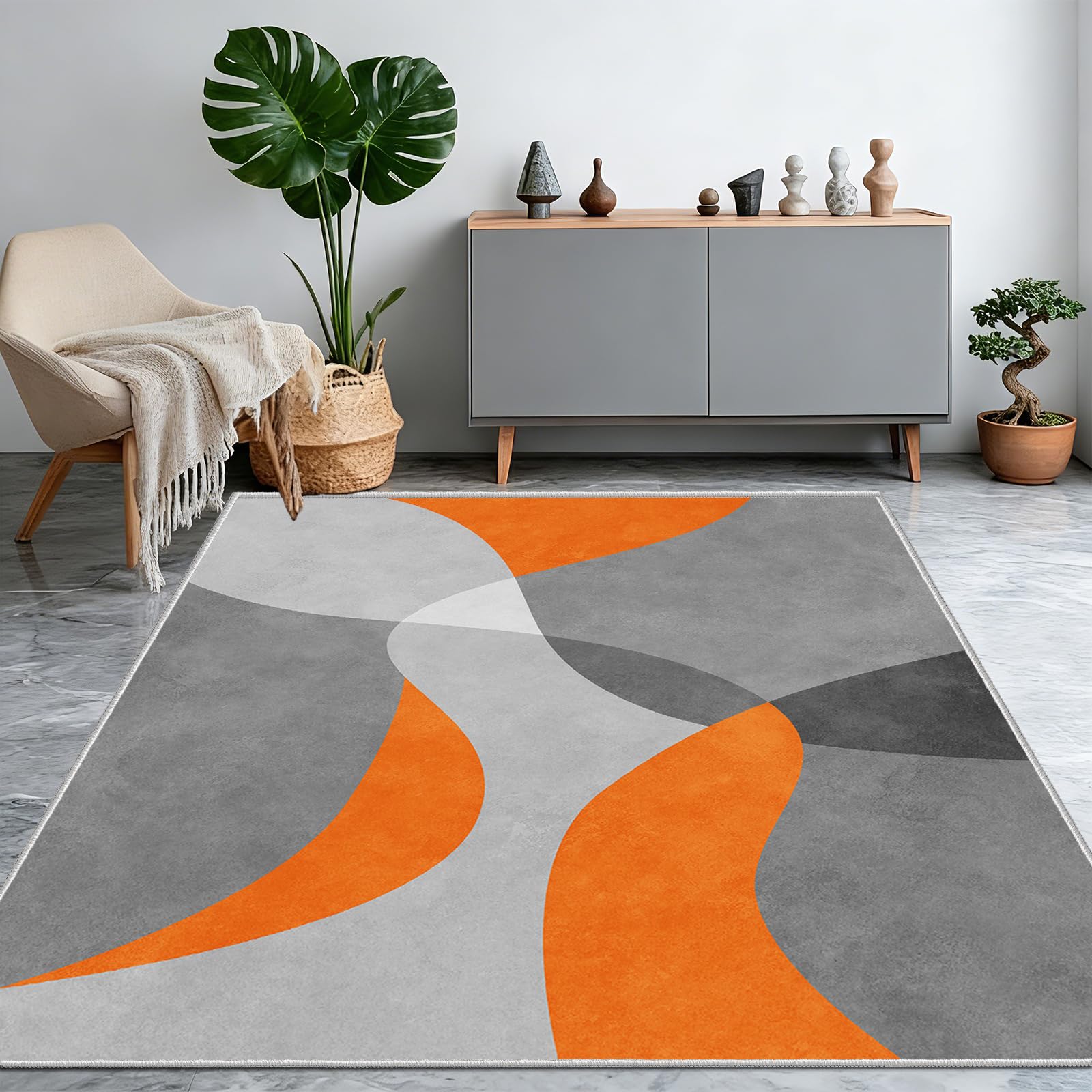 Tappeto Soggiorno Moderno Astratto 140 x 200 cm - Tappeto Lavabile e Pieghevole, Antiscivolo e Morbido, Tappeto Pelo Corto Geometrico Grigio e Arancione per Salotto, Camera da Letto e Ufficio