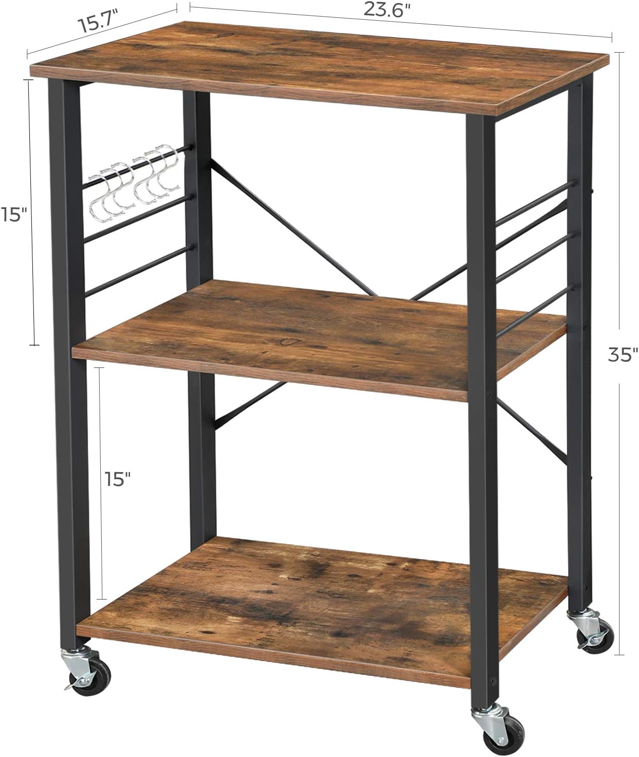 VASAGLE Kitchen Shelf on Wheels, Serving Cart with 3 Shelves, Kitchen Cart, Microwave Shelf, for Mini Oven, Toaster, with 6 Hooks, Industrial Style, Rustic Brown and Black UKKS60XV1 - Image 5