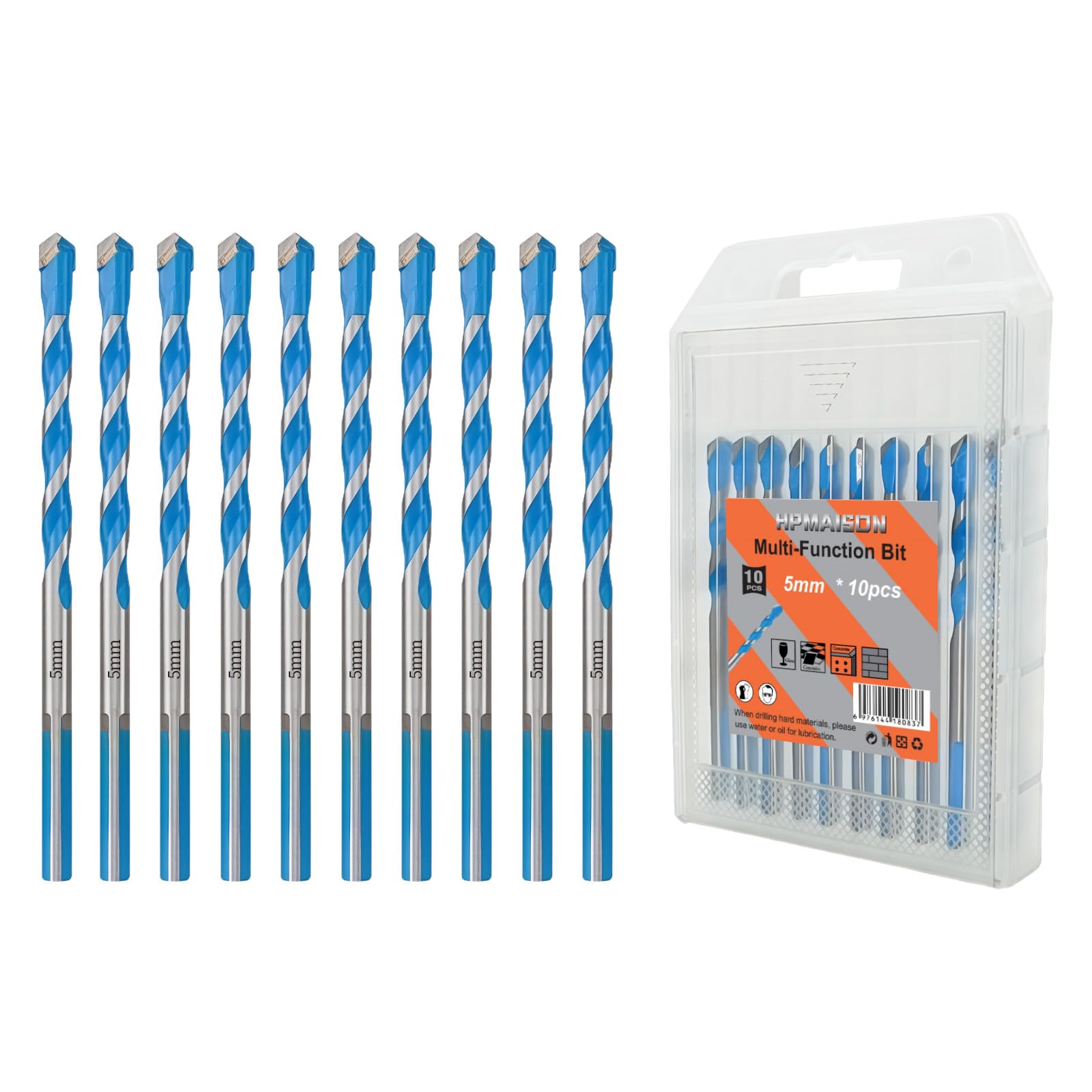 HPMAISON Concrete & Masonry Drill Bit Set, 10Pcs Multi-Function Bit, 5mm Industrial Strength Carbide Tip Drill Bit