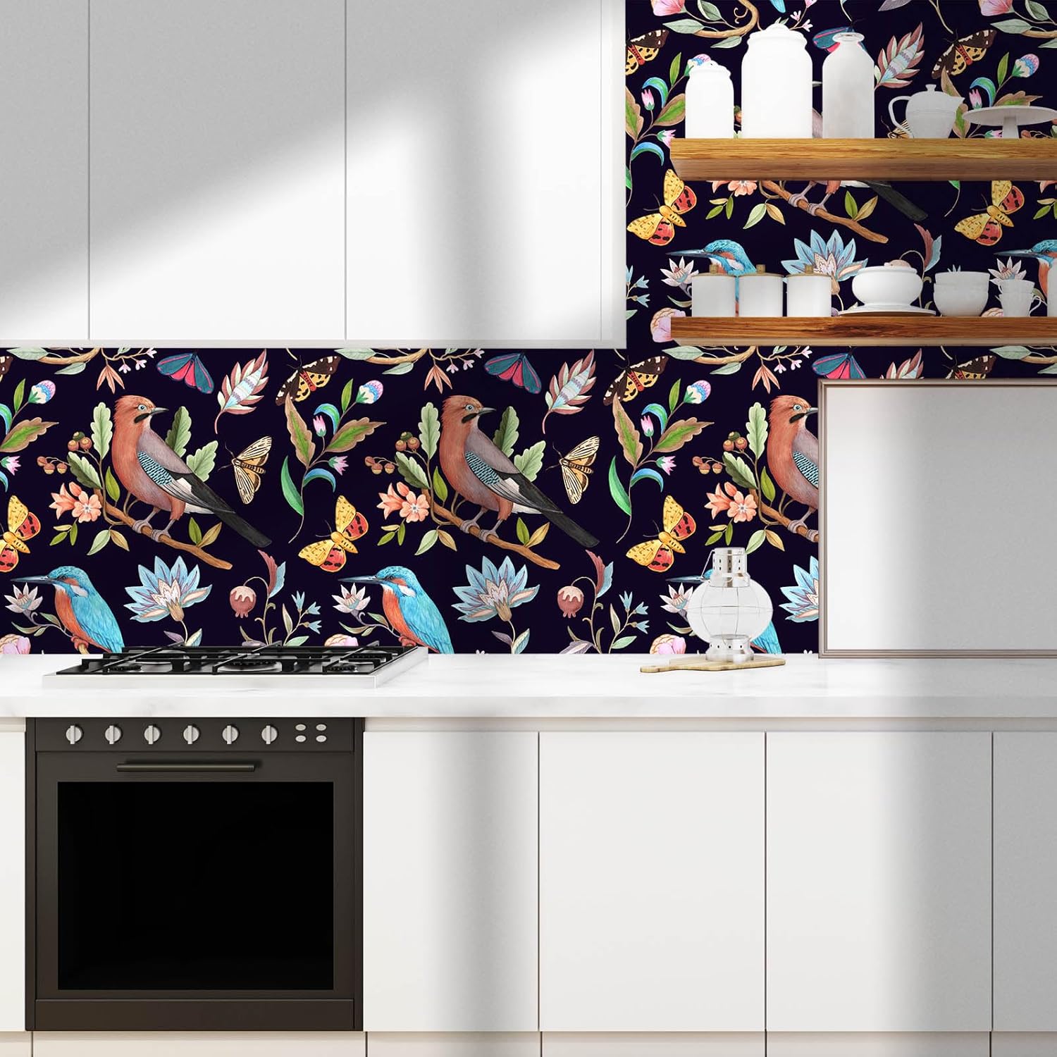 Vintage Black Floral Bird Peel and Stick Wallpaper Dark Botanical Design with Butterfly Removable Self Adhesive Vinyl Contact Paper for Cabinets Bathroom Wallpaper 17.7"x 354"