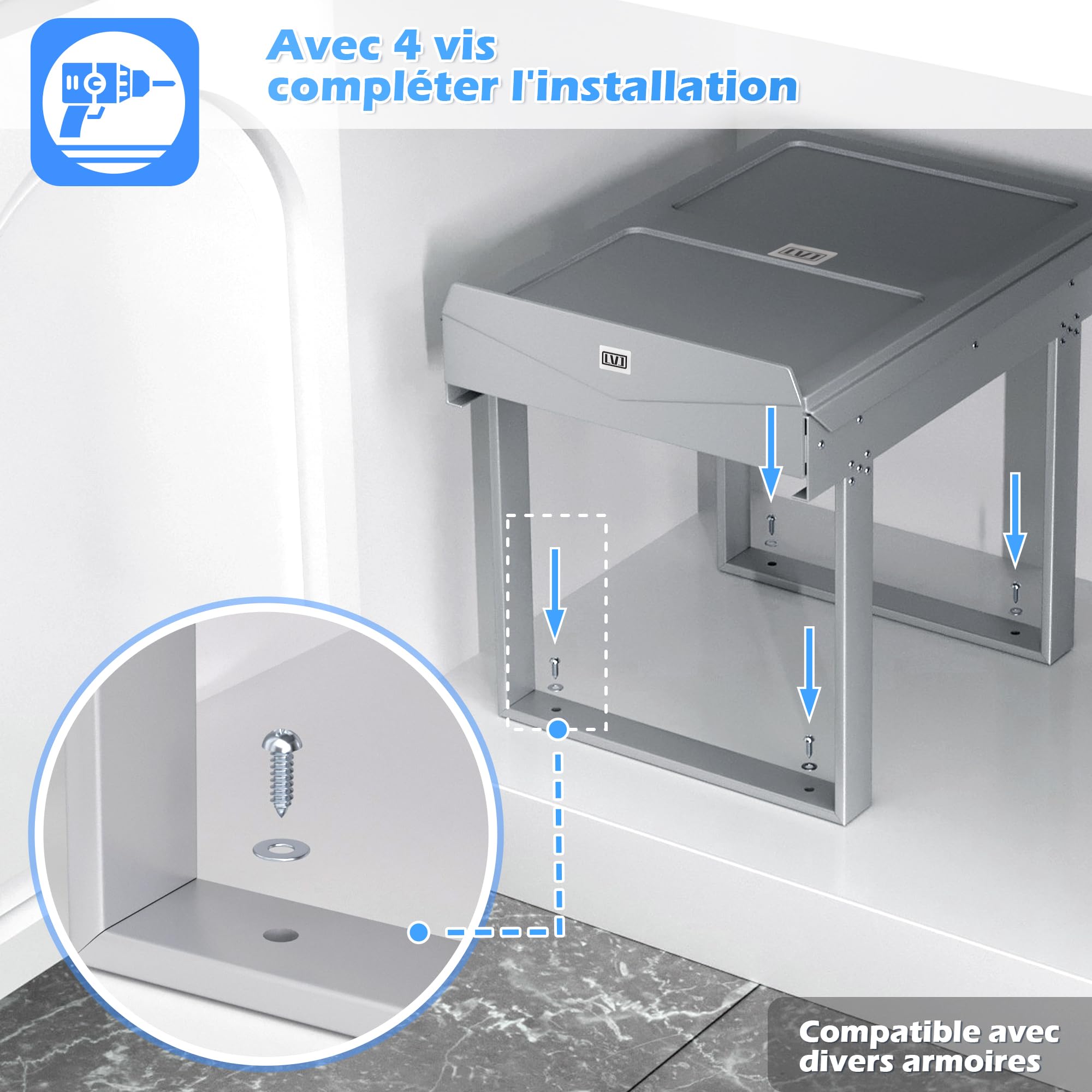 LVJ Amélioré 40L Poubelle Encastrable Sous évier- Séparation Des Déchets - 2 Compartiments Extensibles - 2 x 20 l - Dimensions: 47.8 x 34.8 x 41.7 cm (L x l x H) - Gris