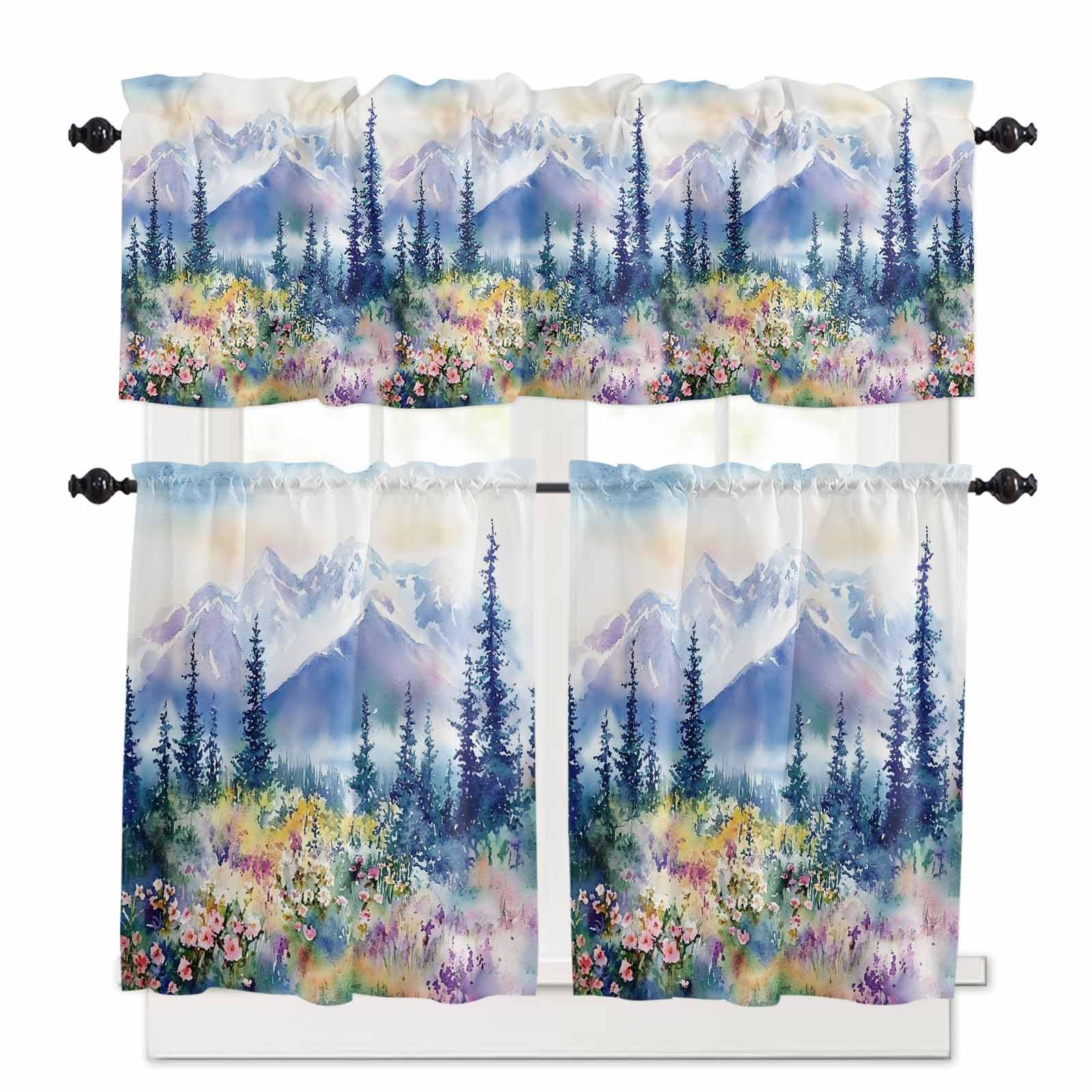 Blue Purple Mountains Kitchen Curtains 36 Inch Length,3 Piece Rod Pocket Small Half Tiers and Valance Set,Watercolor Wildflower Pine Trees Small Large Window Treatment Decor for Bedroom/Bathroom Sink