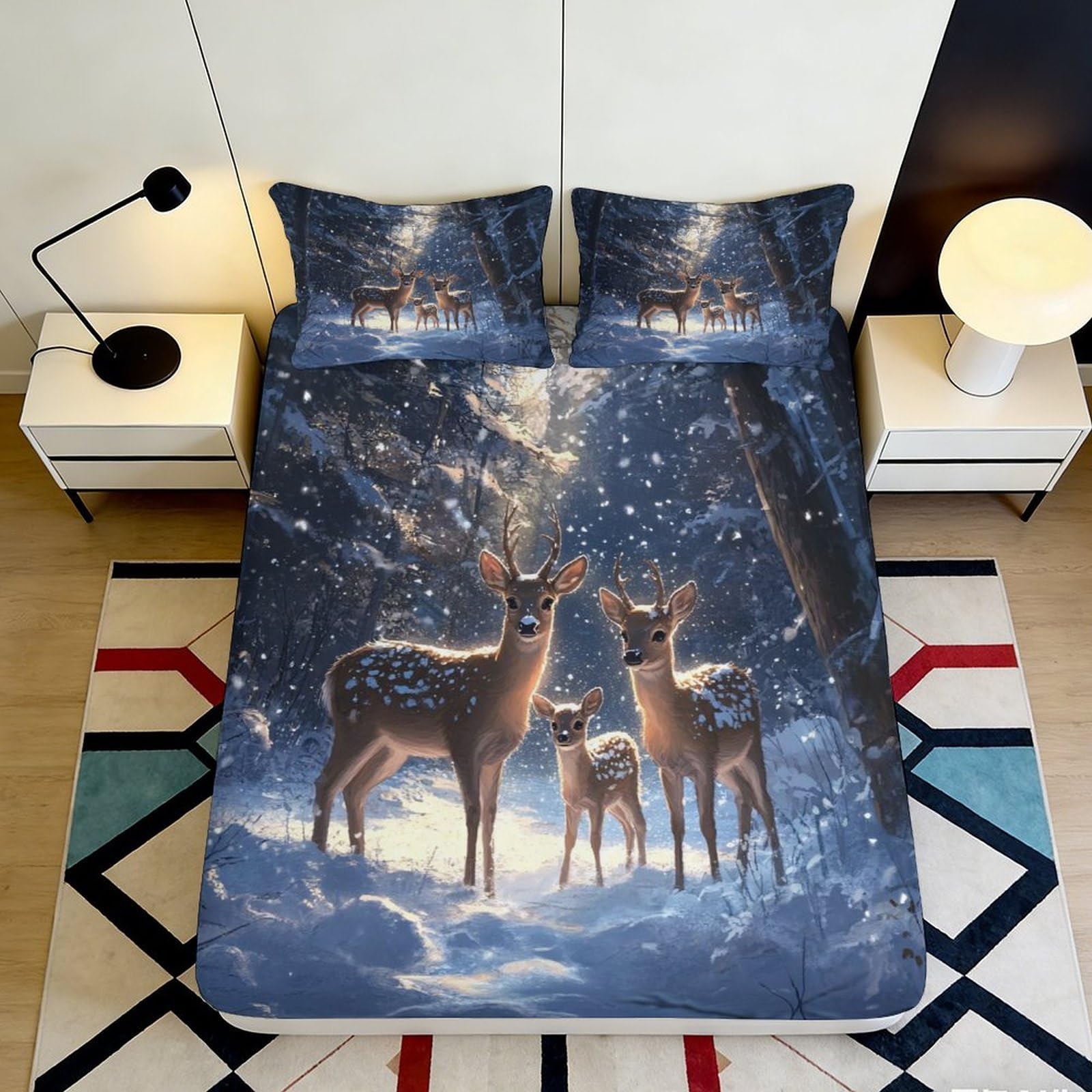 3D Printed Forest Deer Fitted Sheet Microfiber Soft Breathable Winter Snow Bed Cover for Bedroom Guest Room Decor 90x200x25cm