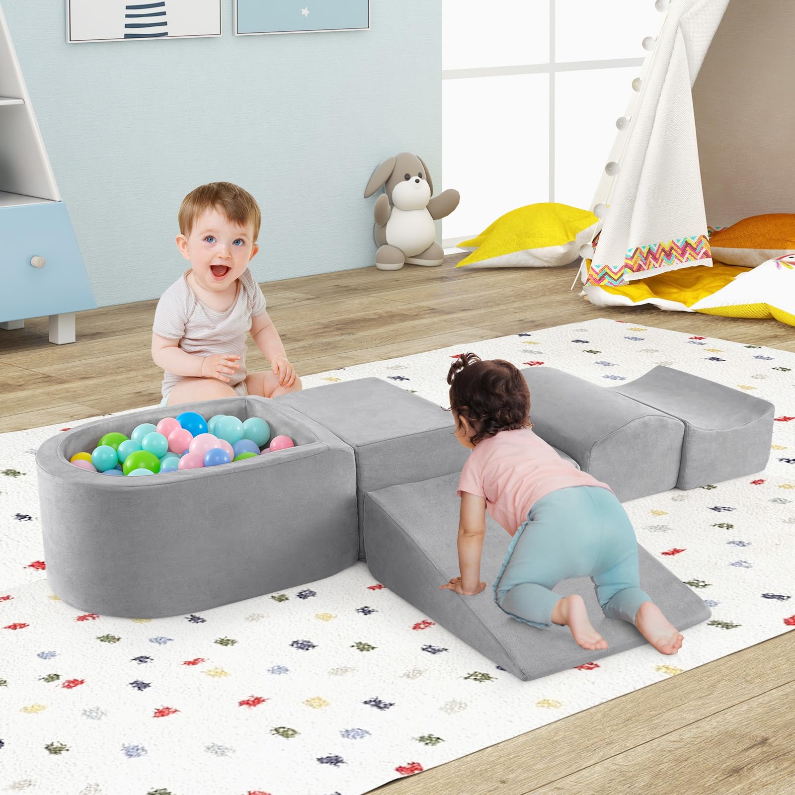 GOPLUS 5 PCS Parcours de Motricité Bébé, 5 Module Motricité avec Housse en Tissu Suédé, Piscine à Balle & Tobbagan pour Intérieur pour 3 Ans+ (Gris)