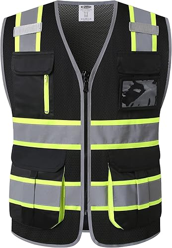 JKSafety Chaleco de seguridad de malla de alta visibilidad con 9 bolsillos para hombres y mujeres, chaleco reflectante de seguridad, cremallera