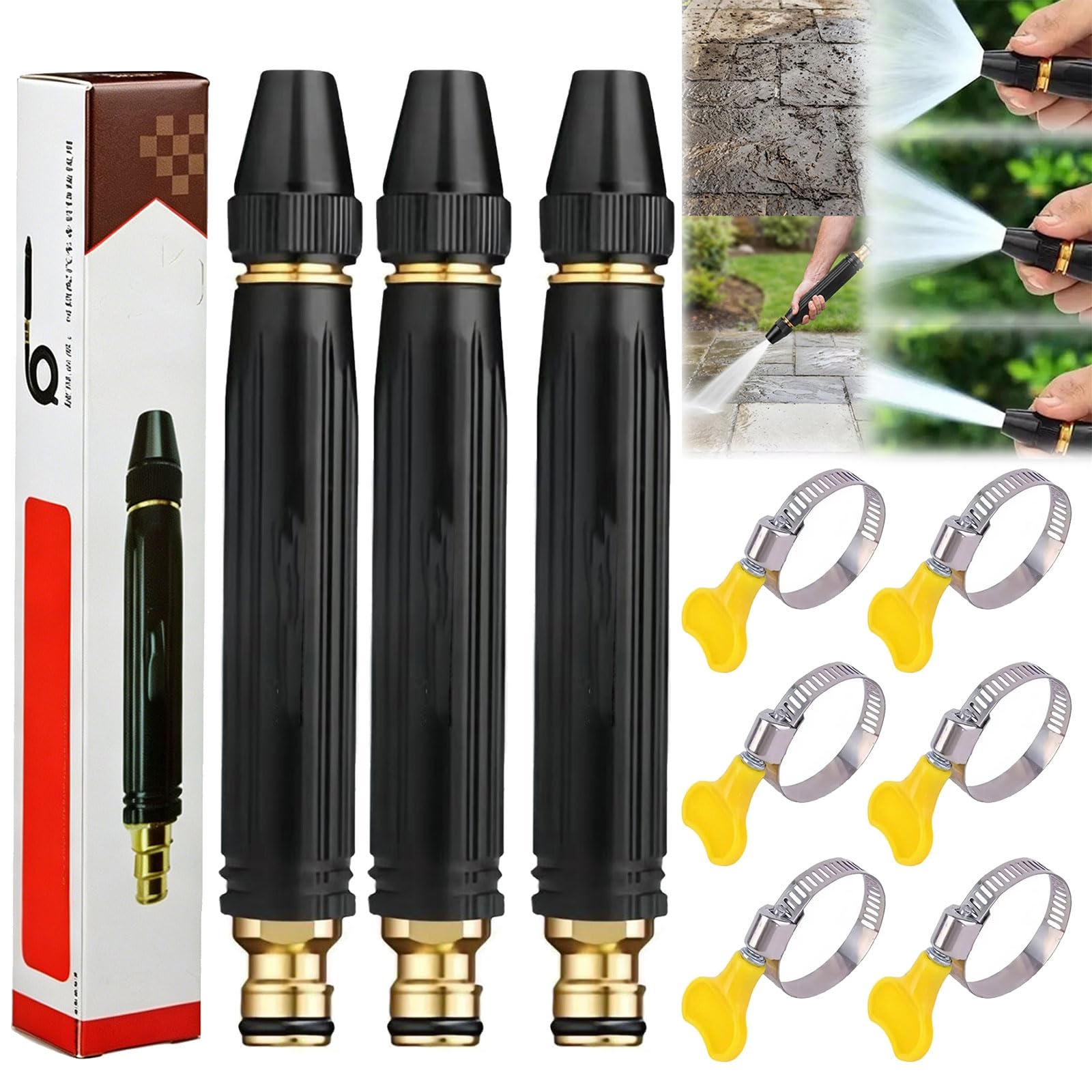 Heavy Duty 360° Adjustable Twist Hose Nozzle, Jet Sweeper Nozzle with 2//4/6 Hose Clamps, Home High-Pressure Car Wash Water Gun, Garden Hose Pressure Washer, for Car, Patio, Garden Watering (3Set)