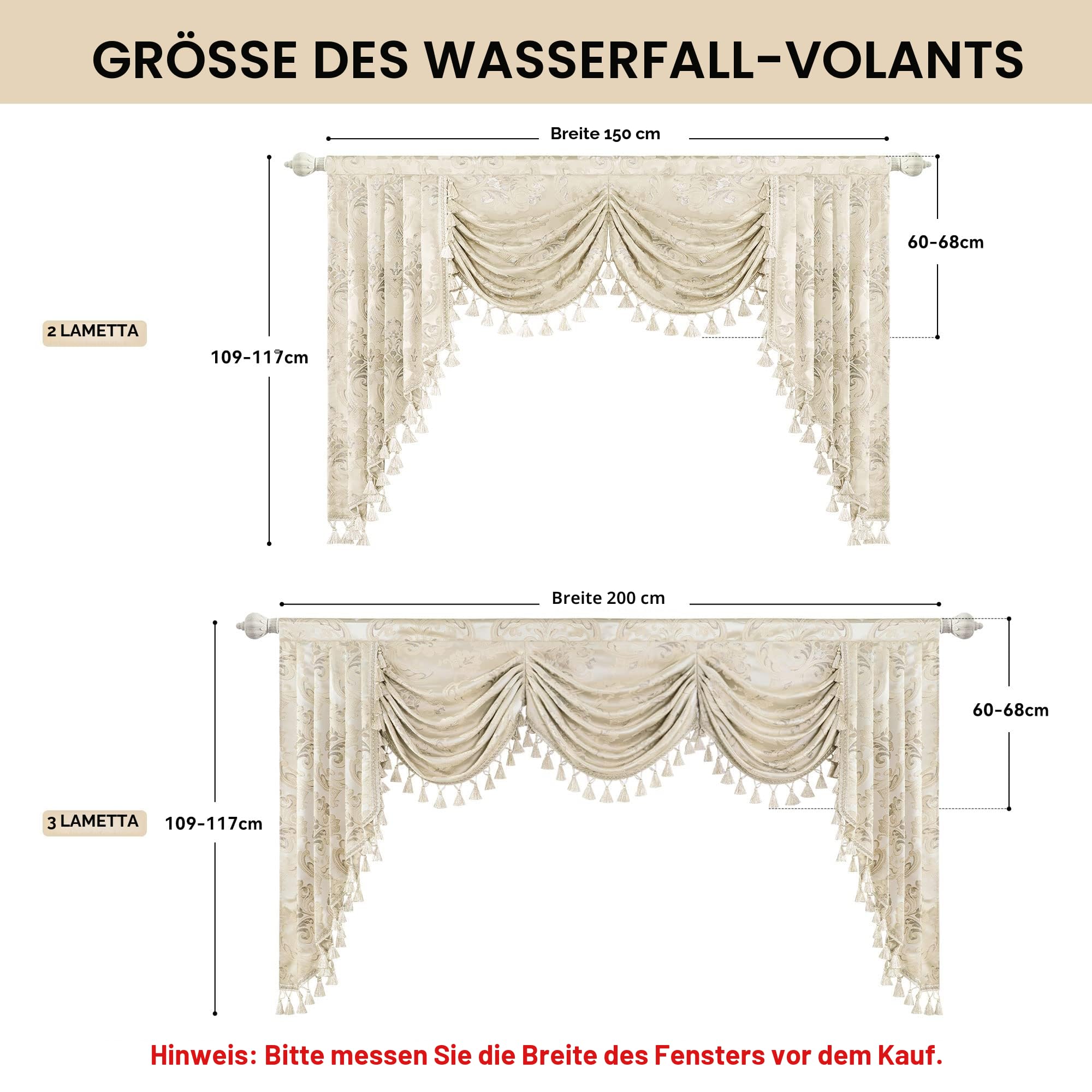 Swag Volant Vorhang für Schlafzimmer Esszimmer Wohnzimmer Küche, Damast Kurzstore Waterfall Volant-Vorhang für Fenster (Breite 150cm, Beige)