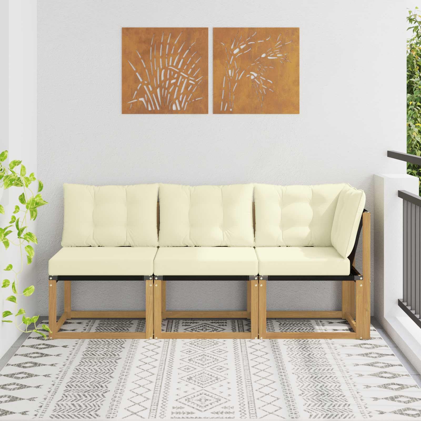 Divano centrale e angolare per esterni, 3 pezzi, bianco, resistente alle intemperie, in legno di acacia massiccio, set modulare per balcone, terrazza e veranda