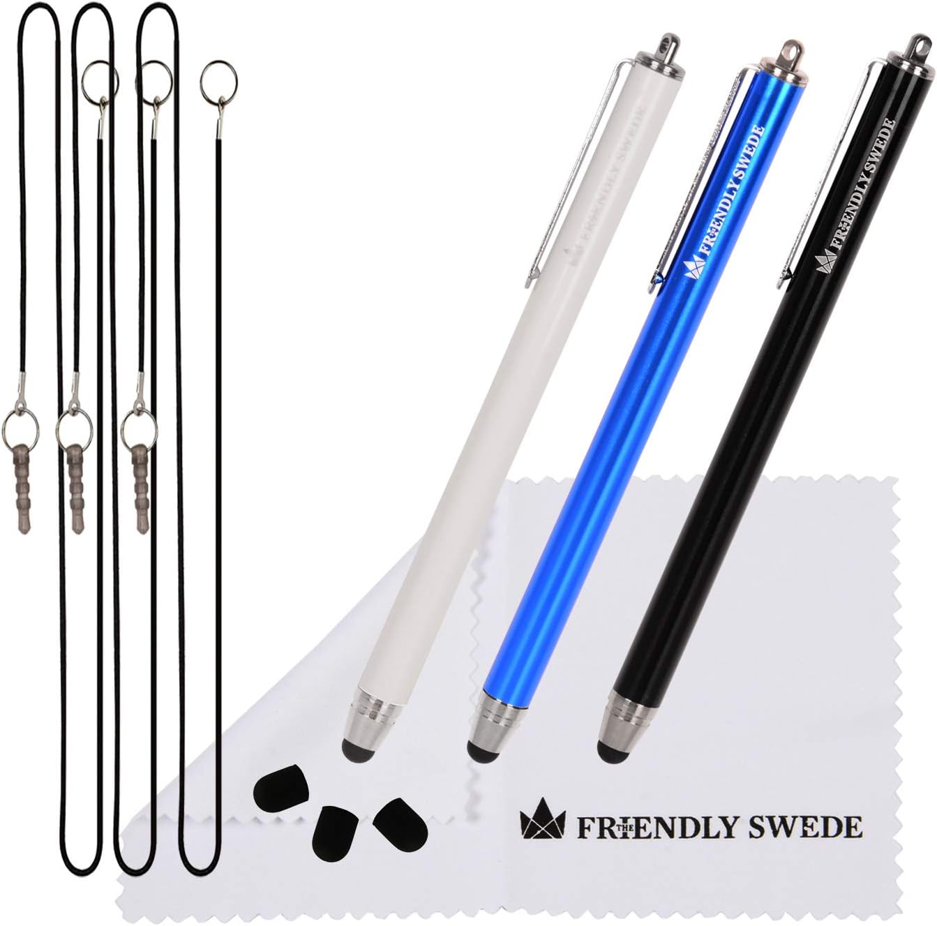 3pcs Stylus Pen 5.5" with Replaceable Thin-Tip - Universal Capacitive High Precision Styli Tips, Elastic Lanyards + Cleaning Cloth, by The Friendly Swede (Black/Blue/White)