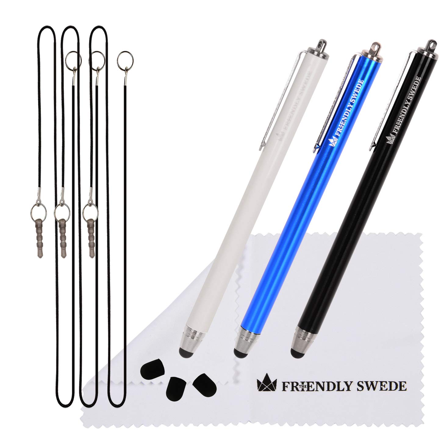 3pcs Stylus Pen 5.5" with Replaceable Thin-Tip - Universal Capacitive High Precision Styli Tips, Elastic Lanyards + Cleaning Cloth, by The Friendly Swede (Black/Blue/White)