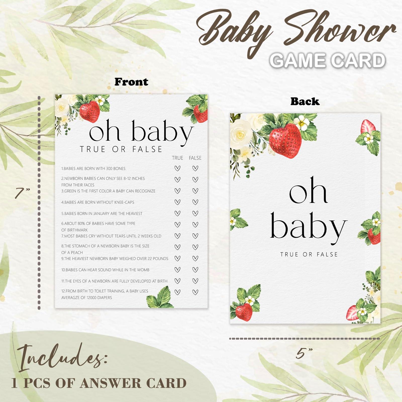 Zabawne gry na baby shower, Oh Baby True or False karty do gry, jagodowe słodkie dekoracje imprezowe upominki pomysły -30 szt., 12,7 x 17,8 cm - H01