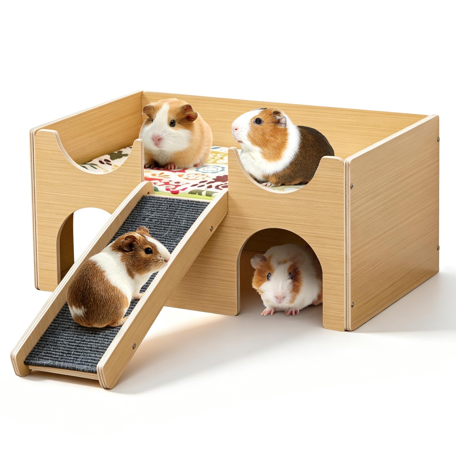 Oniissy 3-in-1 Meerschweinchen Haus aus Holz mit Rampe Versteck Plattfor (38x25x18cm)