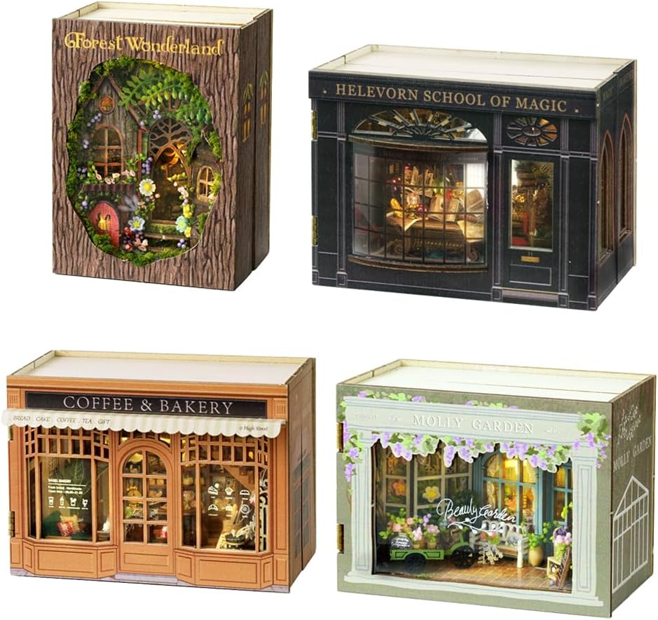 4pcs 3D Miniature House Kit Page Turning Design Tiny House Kits to Build DIY Wooden Crafts for Adults Miniatures Model Kits with Furniture, Christmas & Birthday for Women Gift